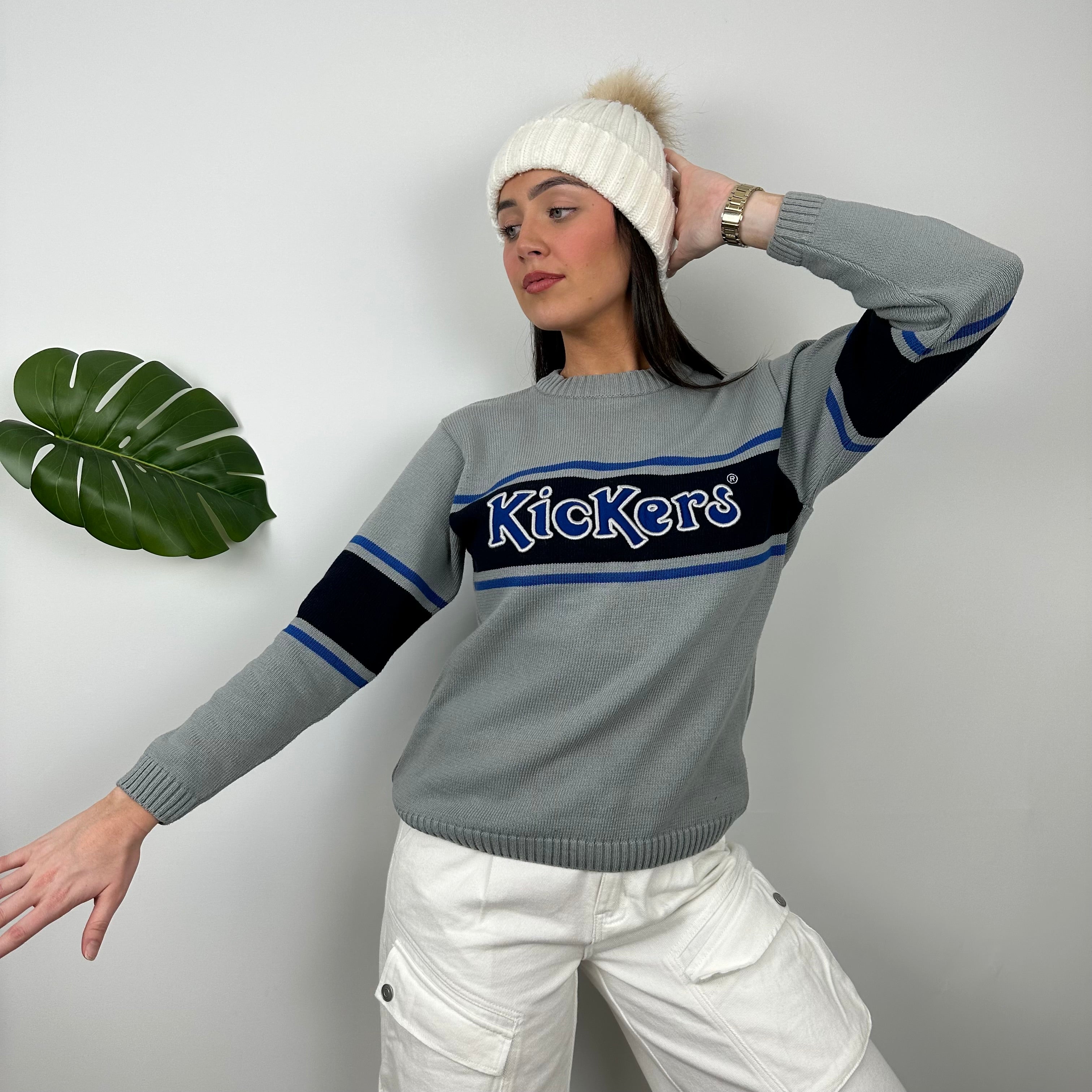 Kickers RARE Grey Embroidered Spell Out Knitted Sweater (S)