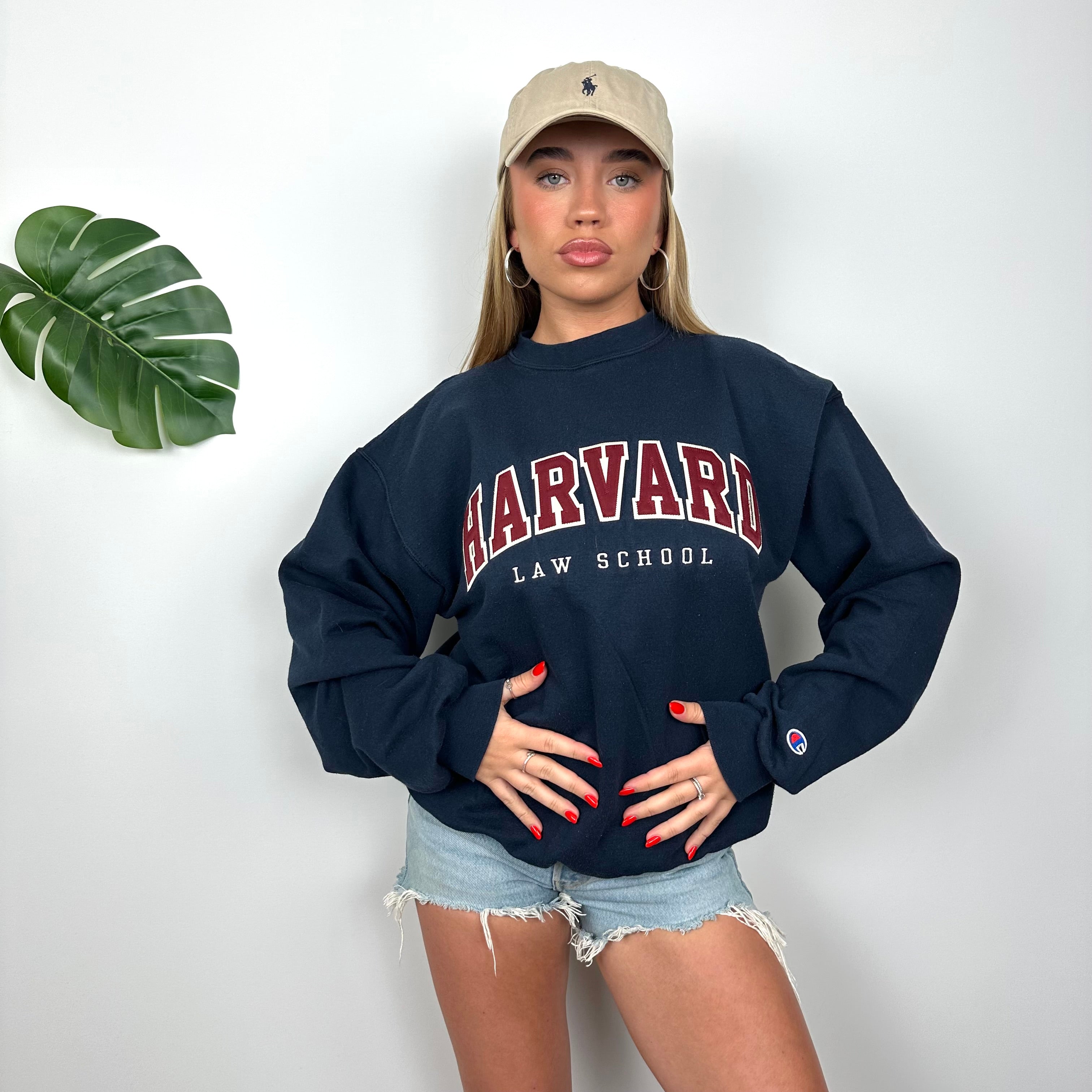 Champion x Harvard Law School RARE Navy Embroidered Spell Out Sweatshirt (M)