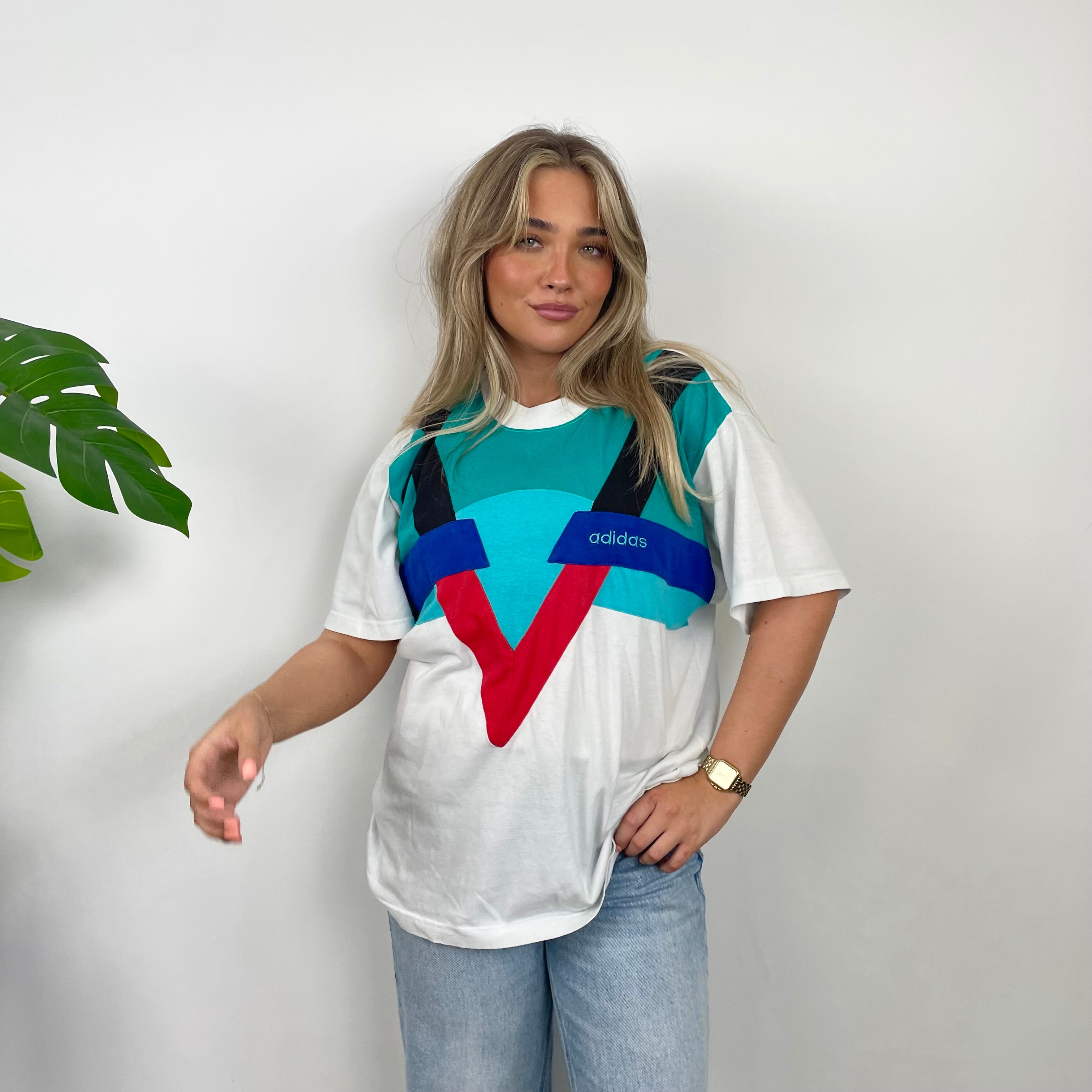 Adidas Colour Block Embroidered Spell Out T Shirt (M)