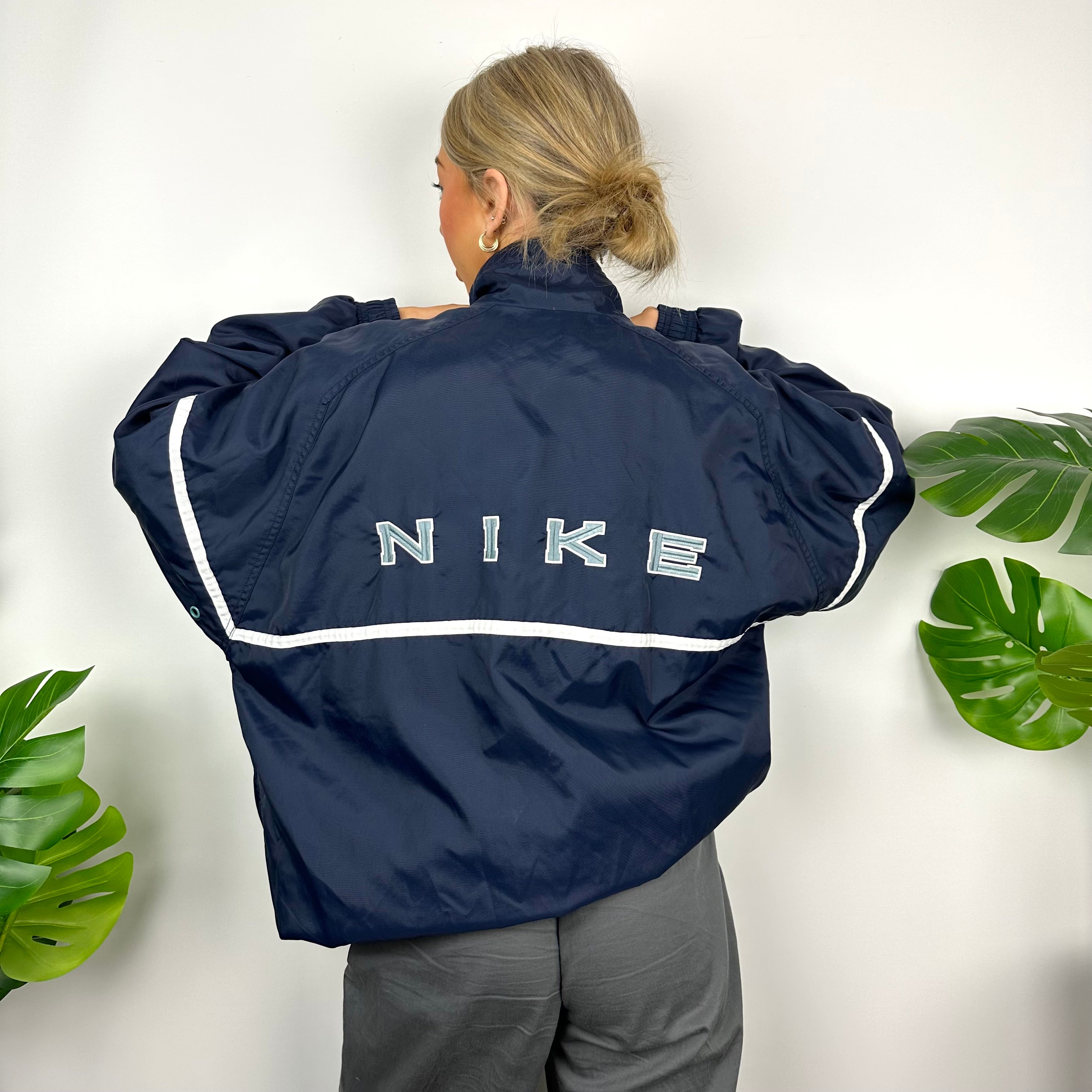 Nike Navy Embroidered Spell Out Quarter Zip Windbreaker Jacket (XL)