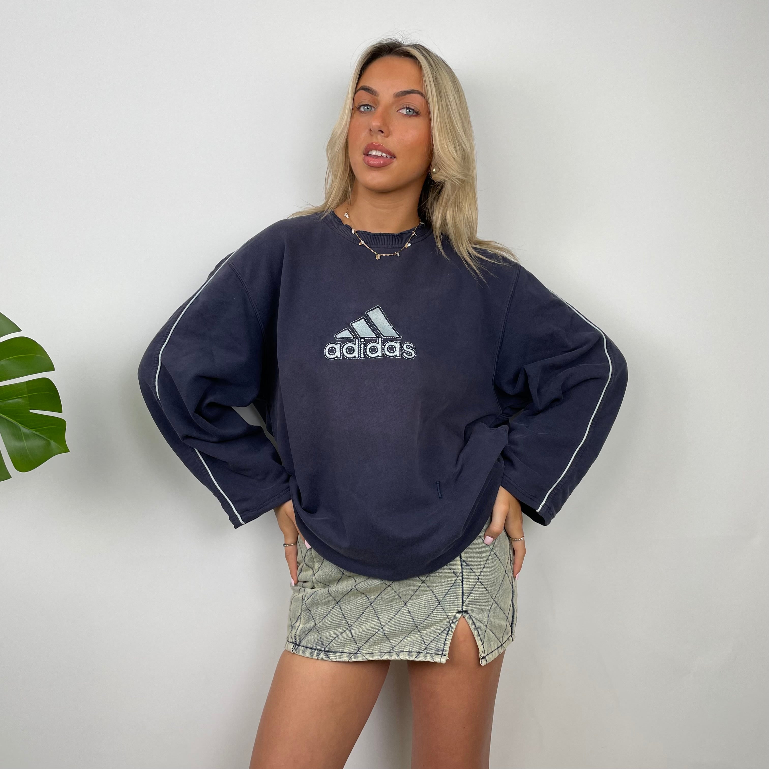 Adidas Navy Embroidered Spell Out Sweatshirt (L)