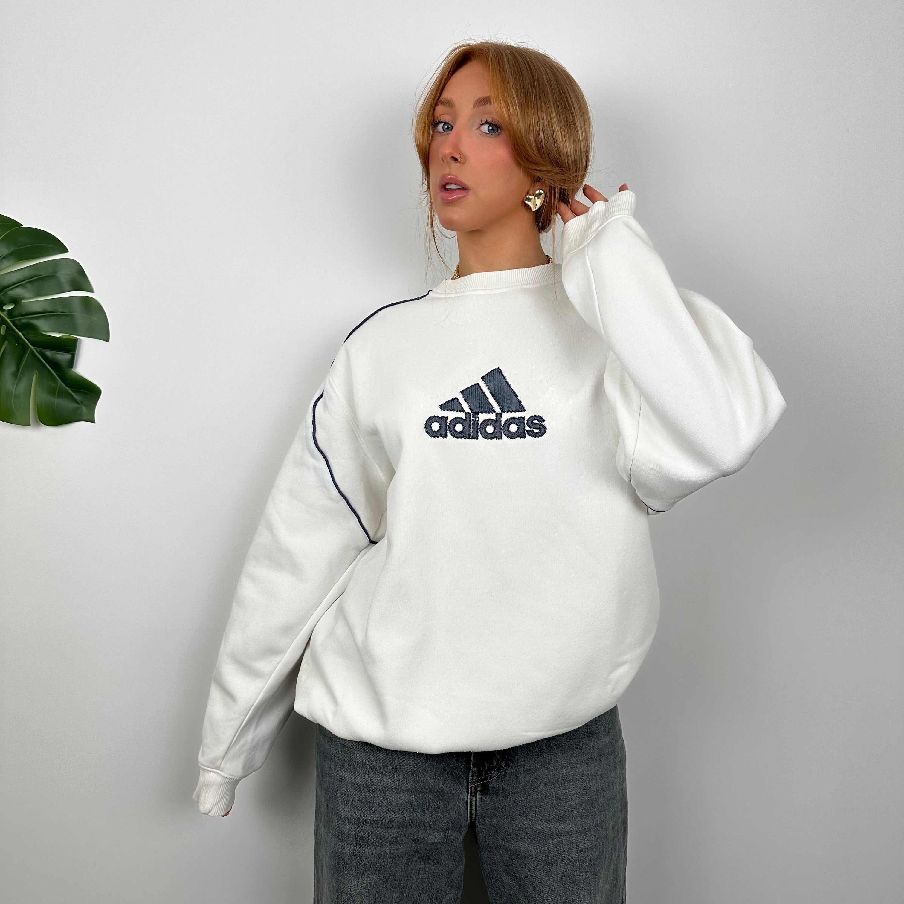 Adidas White Embroidered Spell Out Sweatshirt (M)