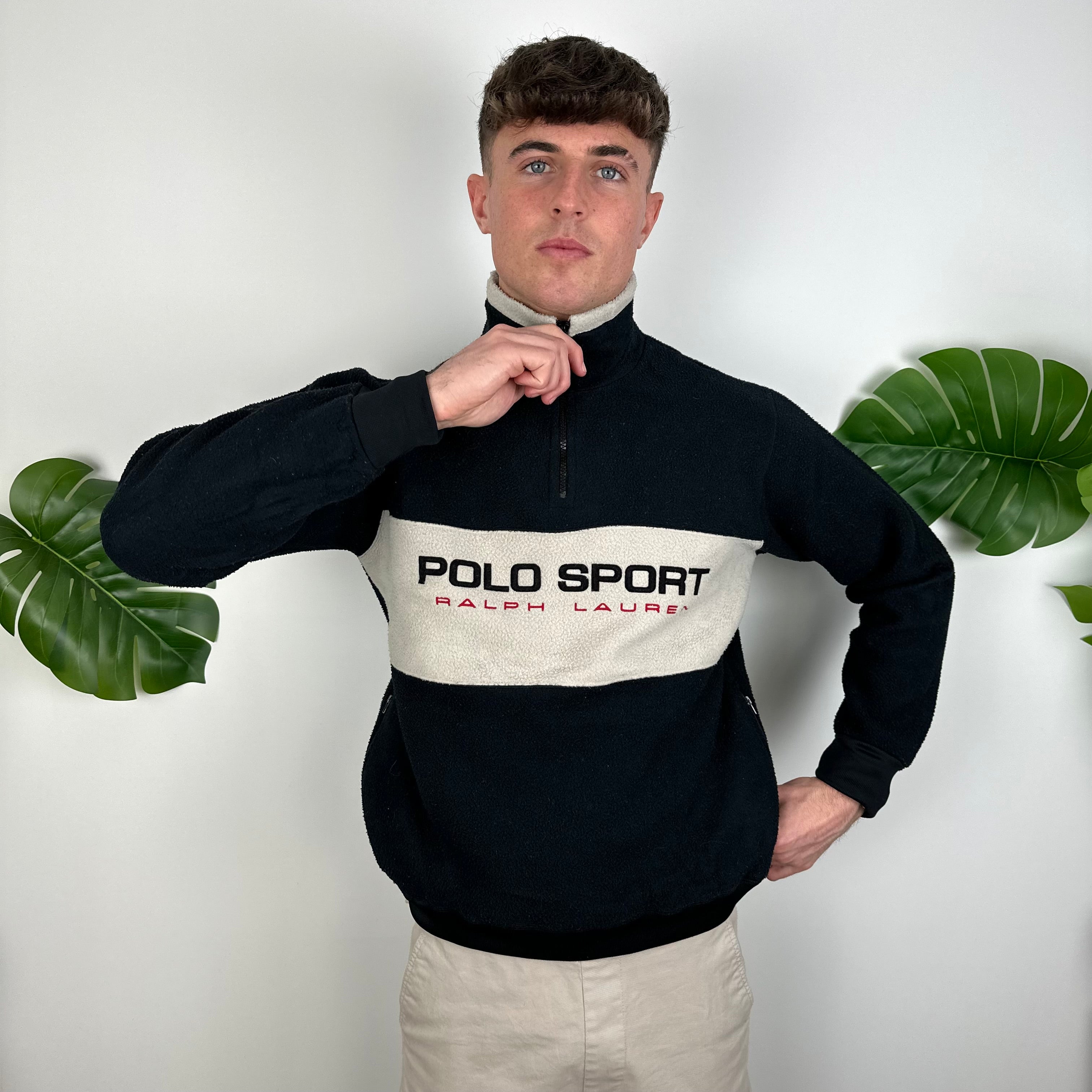 Polo Ralph Lauren Sport Black Embroidered Spell Out Teddy Bear Fleece Quarter Zip Sweatshirt (S)