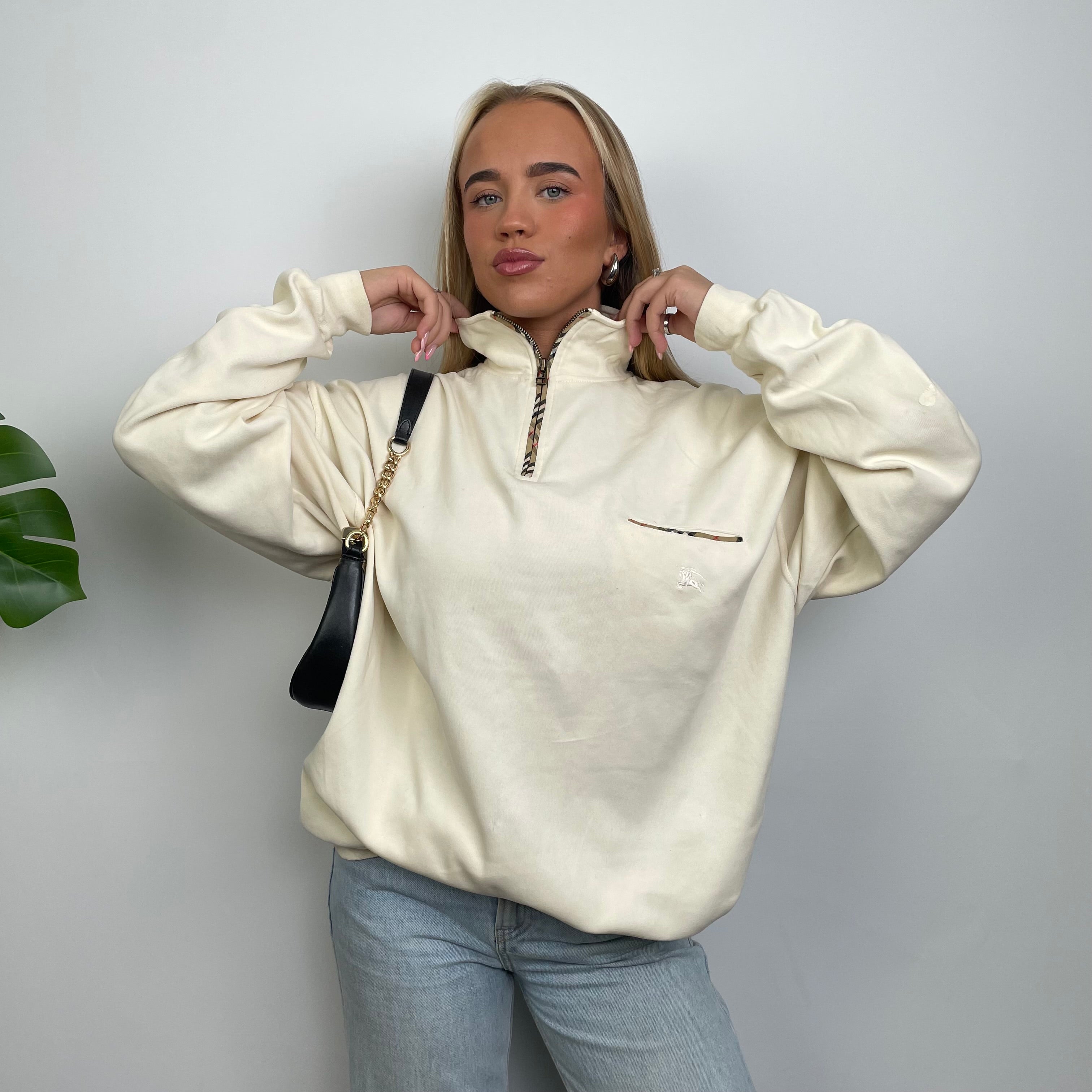 Burberry Cream Embroidered Spell Out Quarter Zip (L)