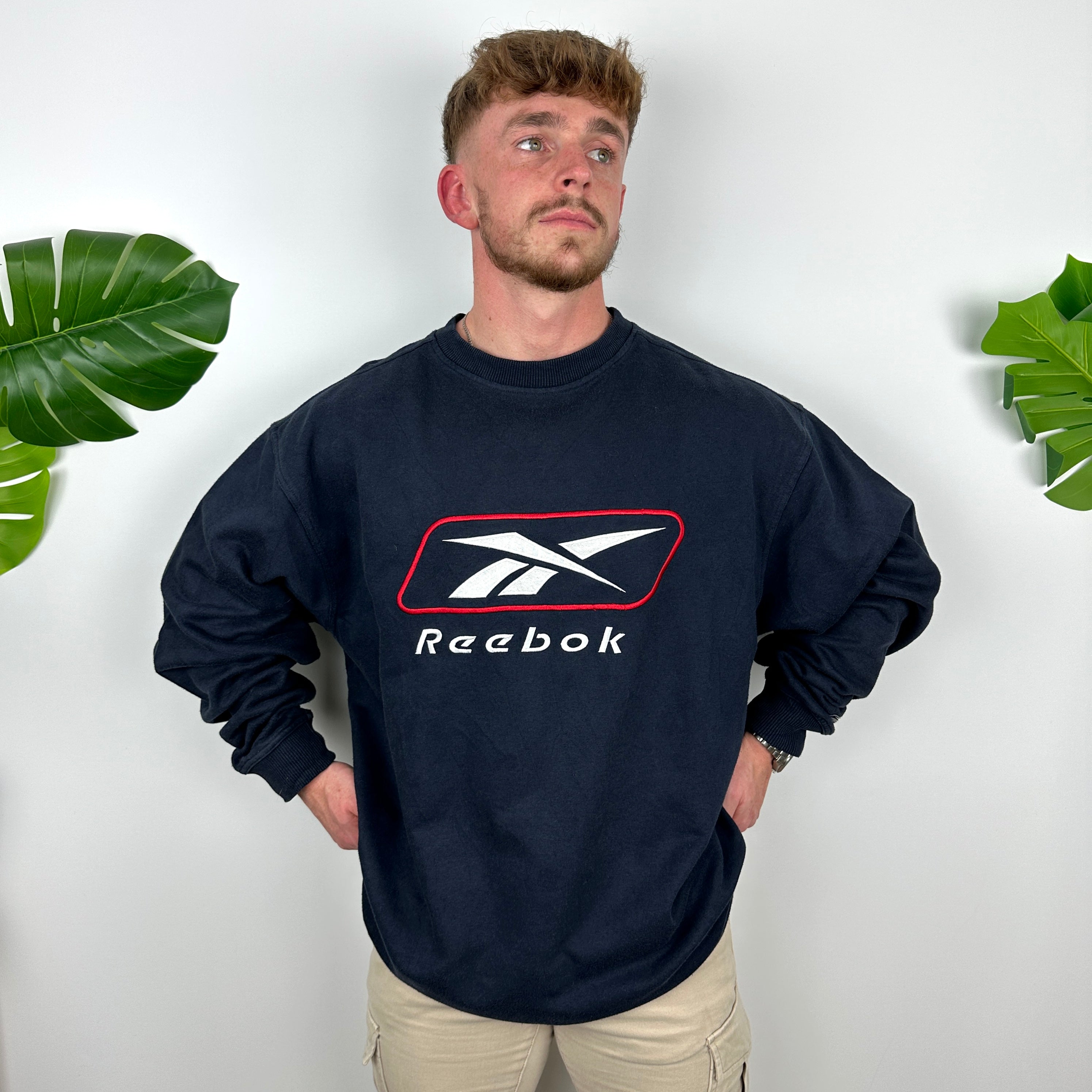 Reebok Navy Embroidered Spell Out Sweatshirt (L)