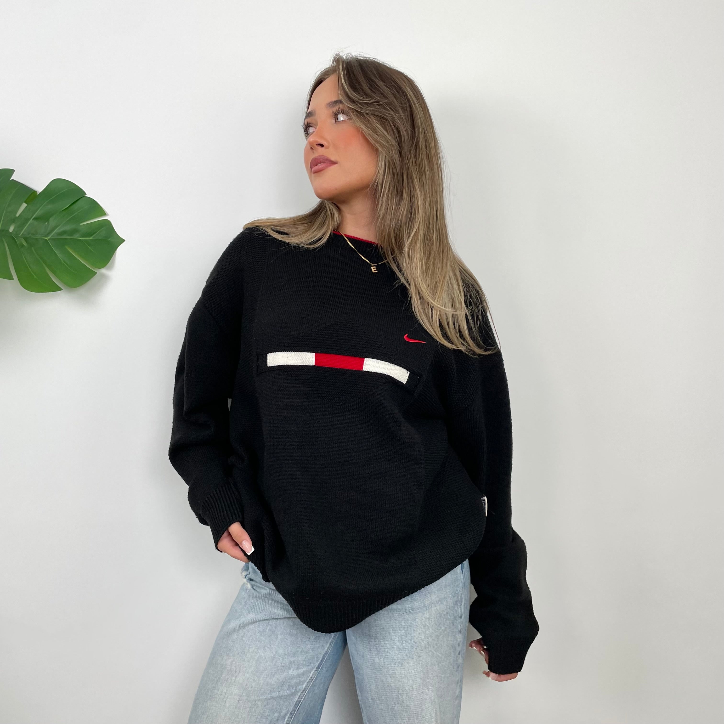 Nike RARE Black Embroidered Swoosh Knitted Sweater (L)