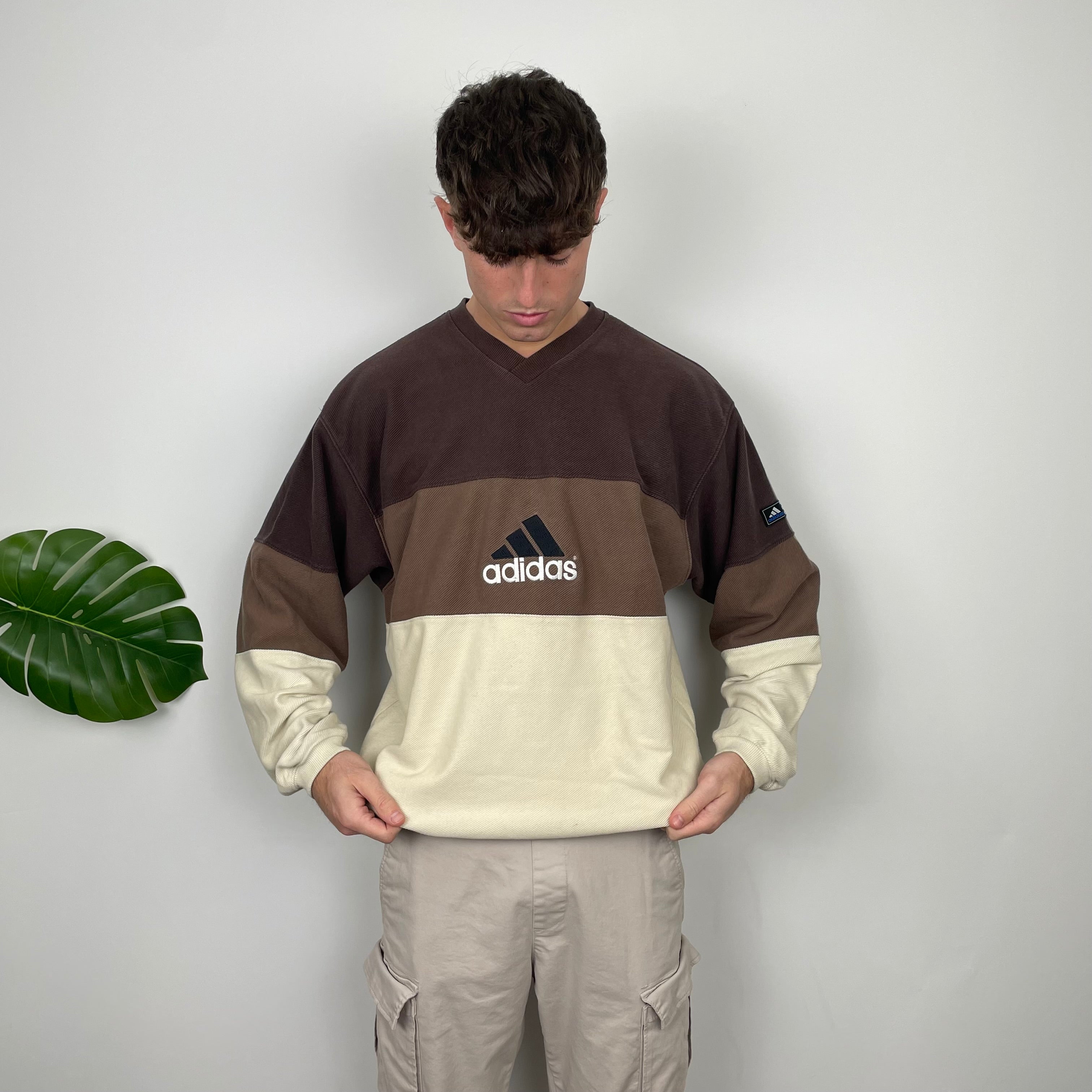 Adidas RARE Cream & Brown Colour Block Embroidered Spell Out Sweatshirt (XL)