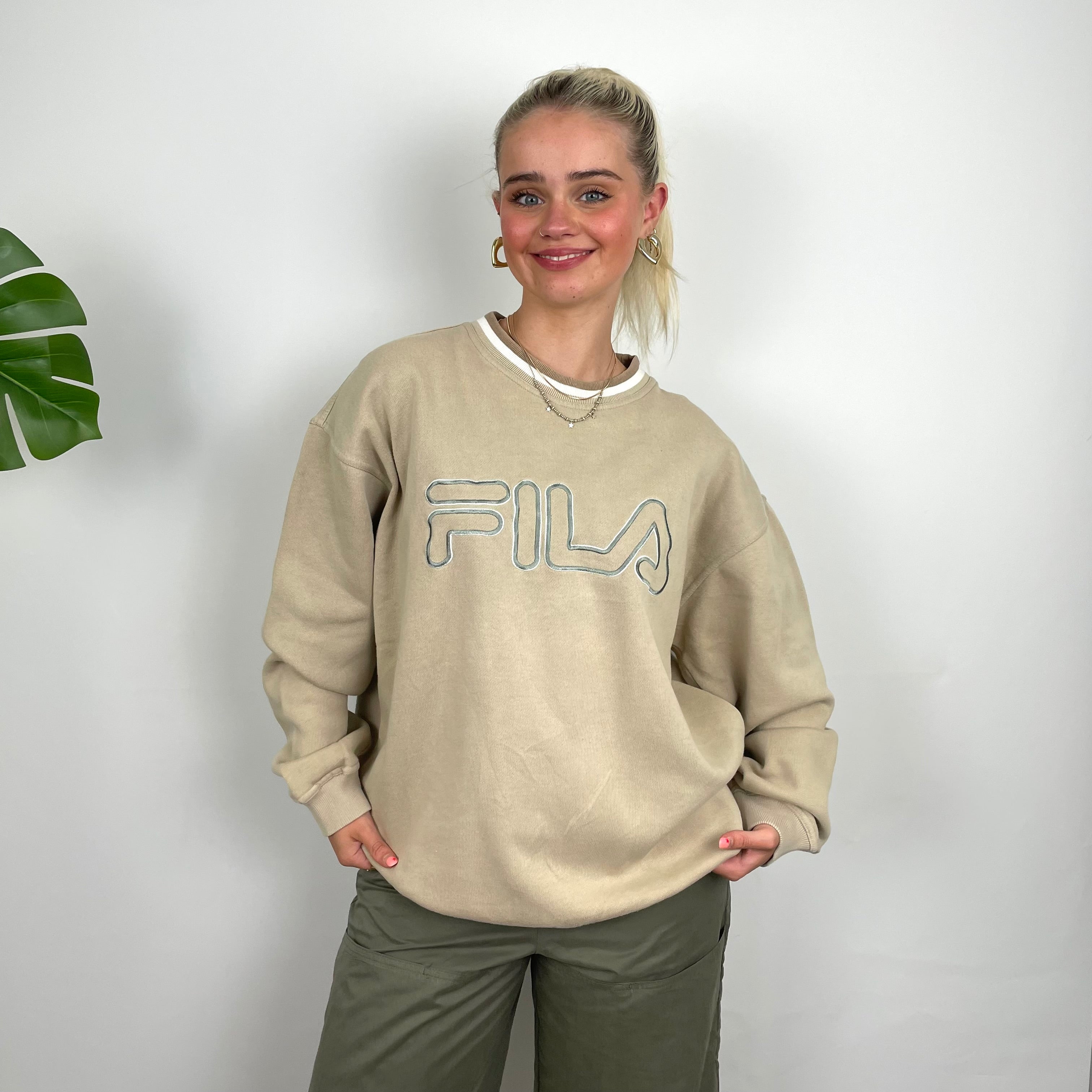 FILA Cream Embroidered Spell Out Sweatshirt (L)