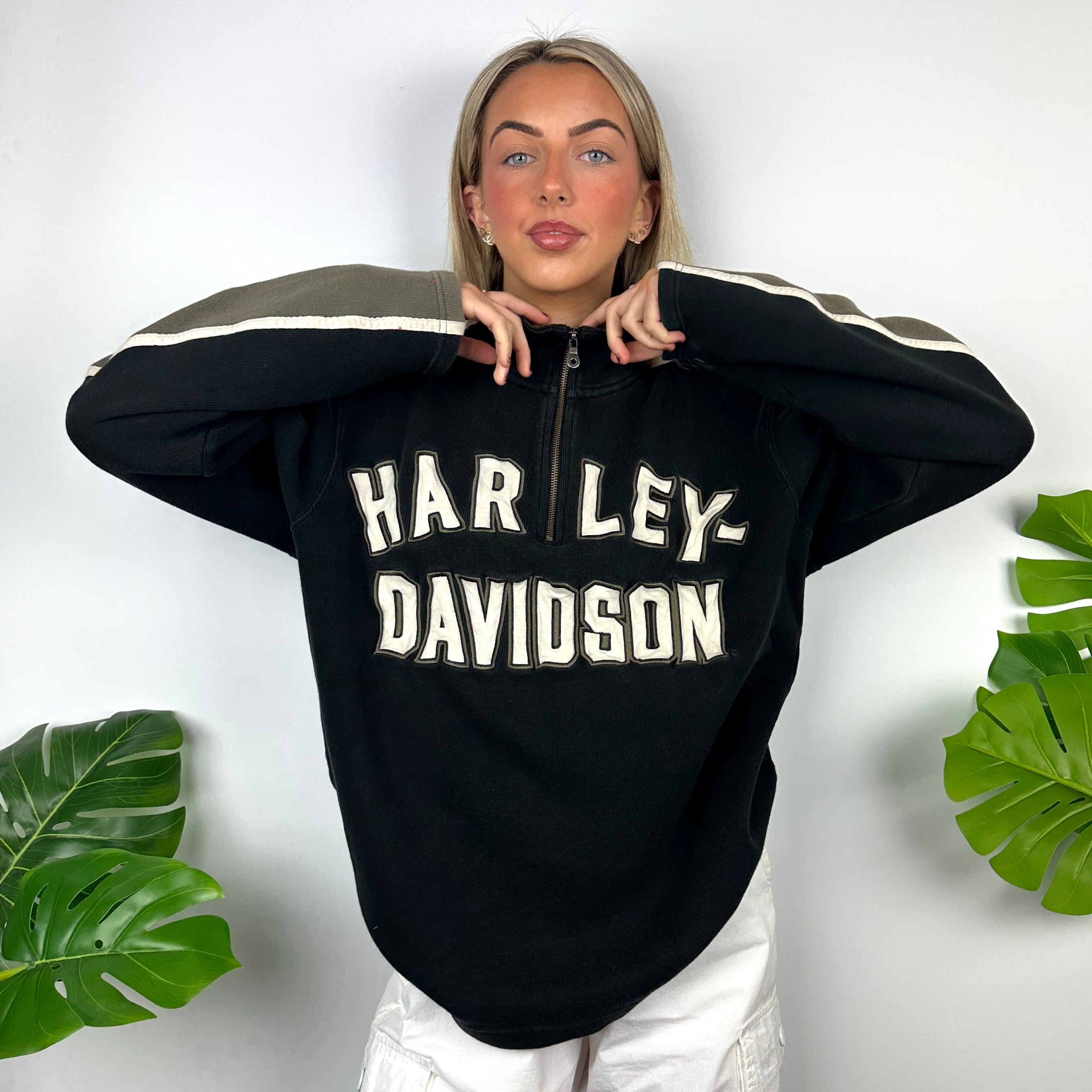 Harley Davidson Black Embroidered Spell Out Quarter Zip Sweatshirt (L)