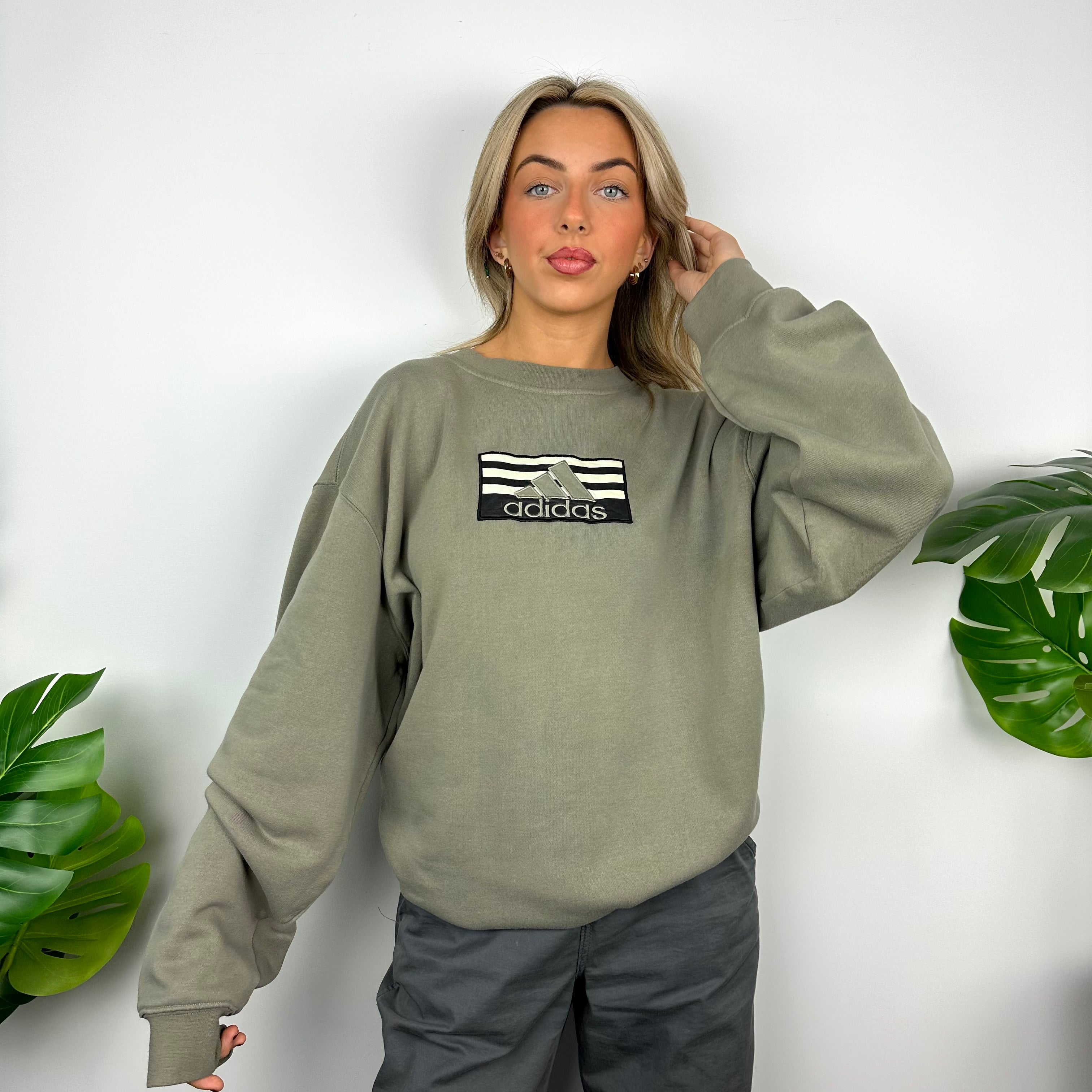 Adidas Khaki Embroidered Spell Out Sweatshirt (XXL)