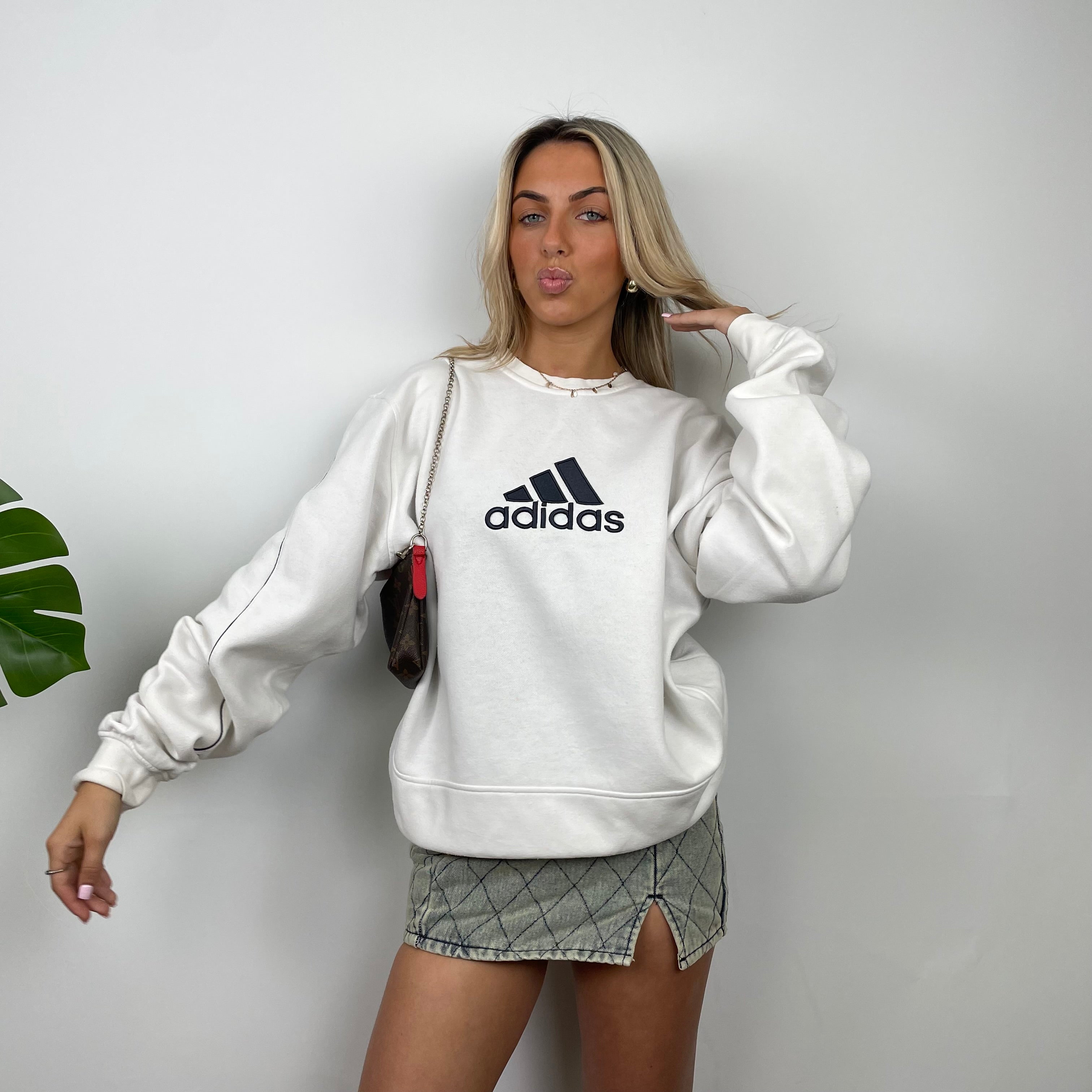 Adidas White Embroidered Spell Out Sweatshirt (XL)