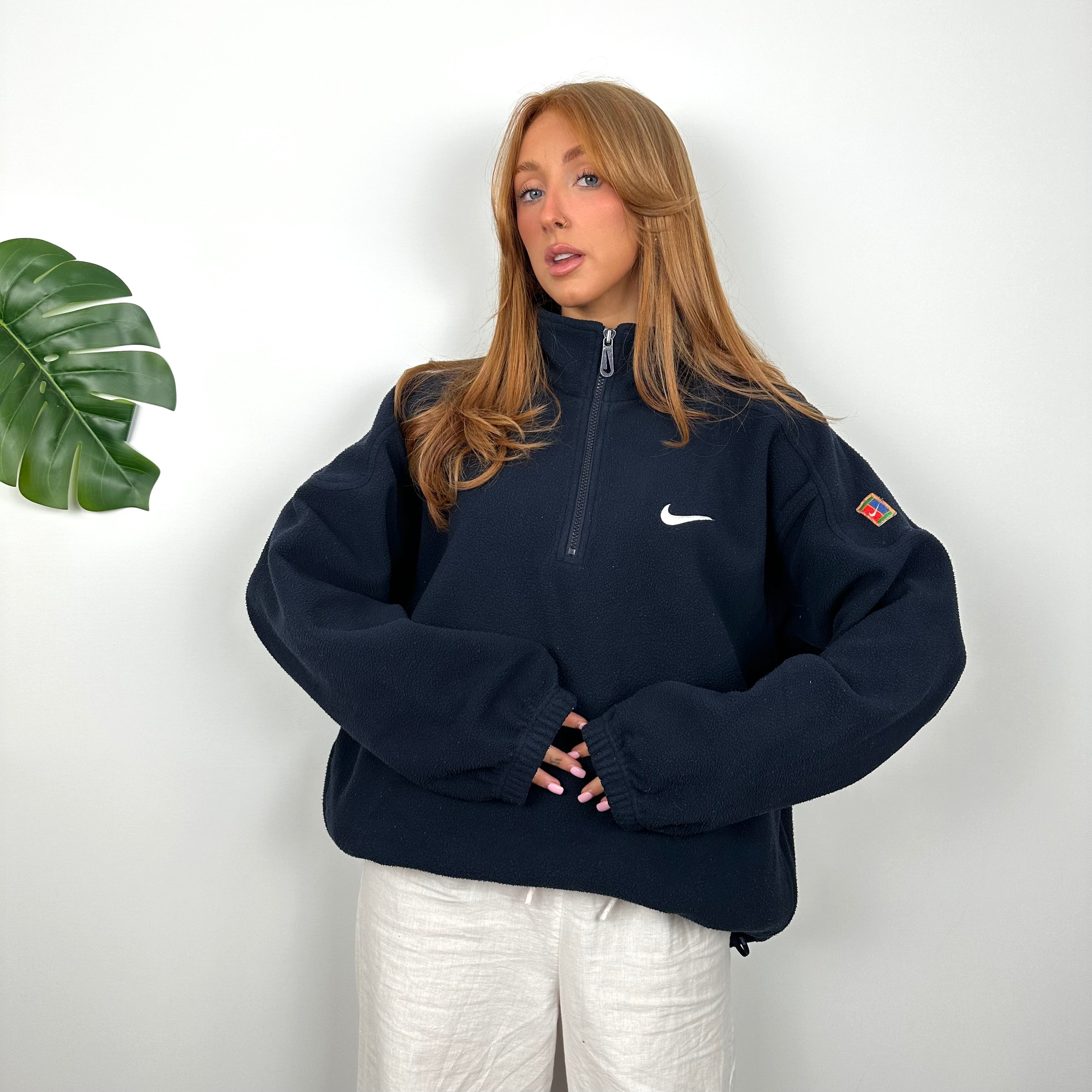 Nike Navy Embroidered Swoosh Teddy Bear Fleece Quarter Zip Sweatshirt (L)