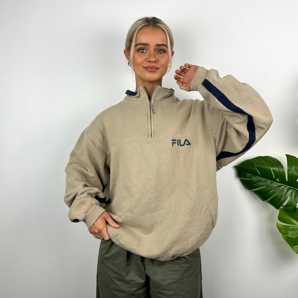 FILA Tan Brown Embroidered Spell Out Quarter Zip Sweatshirt (L)