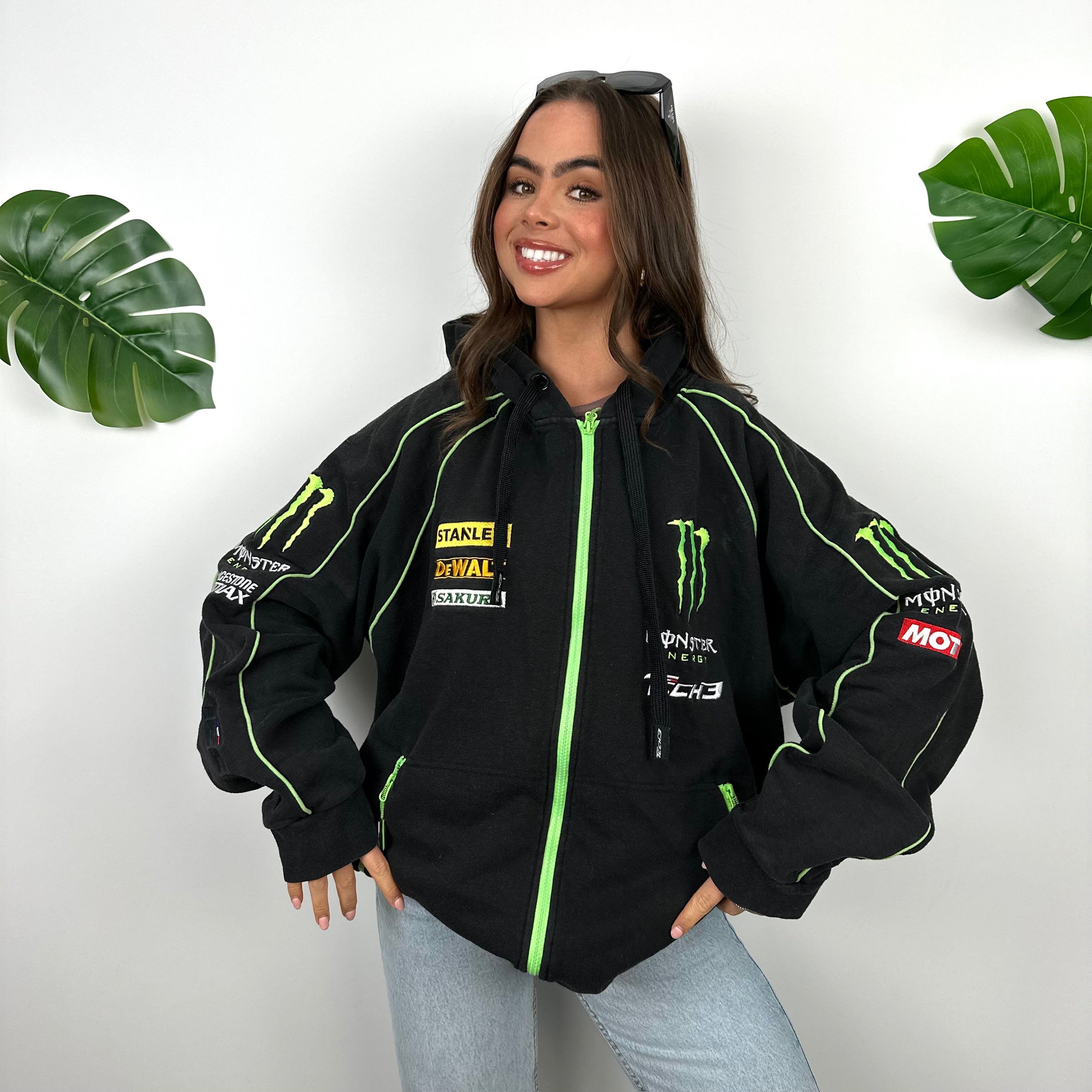 Monster Energy Racing Team Black Embroidered Spell Out Zip Up Hoodie Jacket (XL)