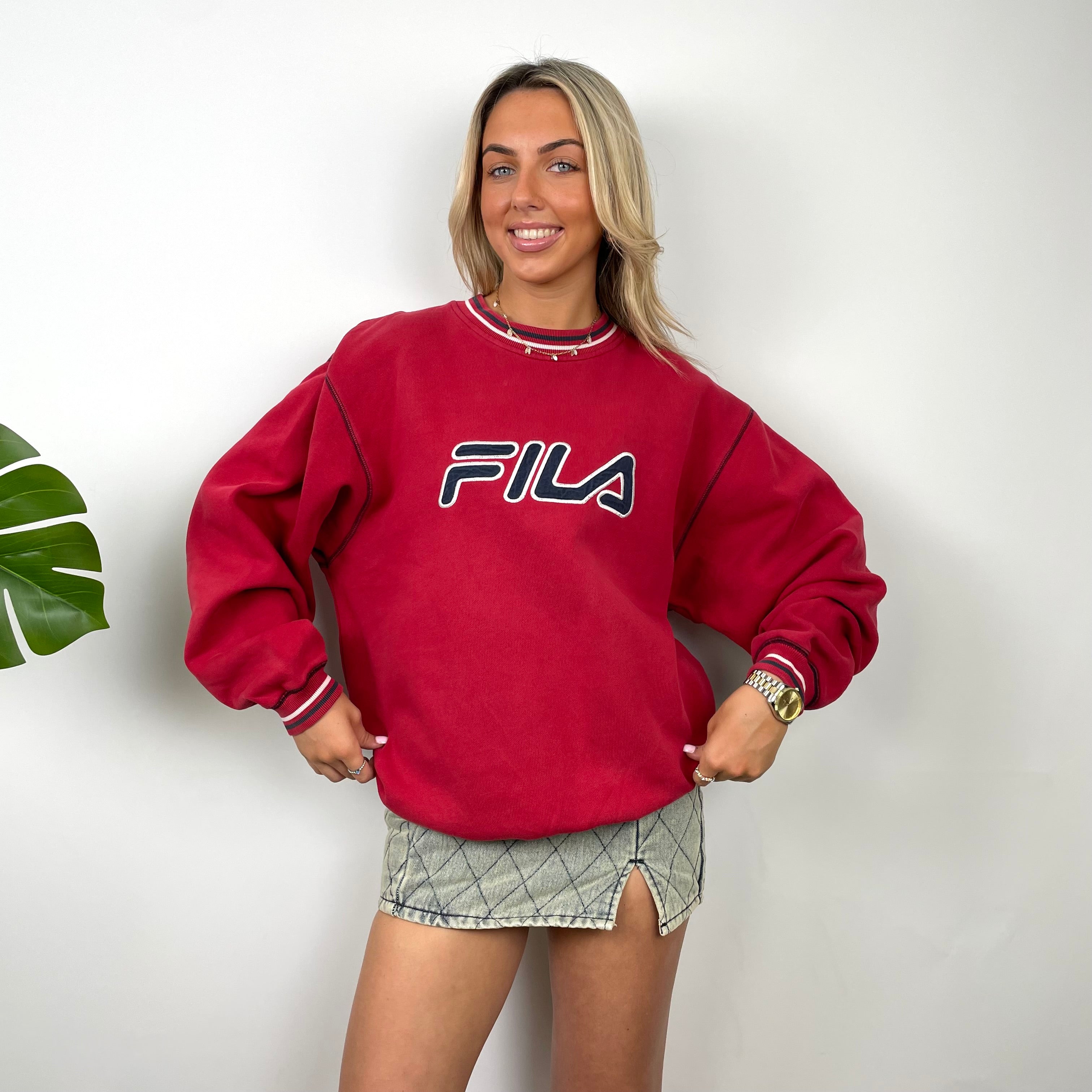 FILA Red Embroidered Spell Out Sweatshirt (L)