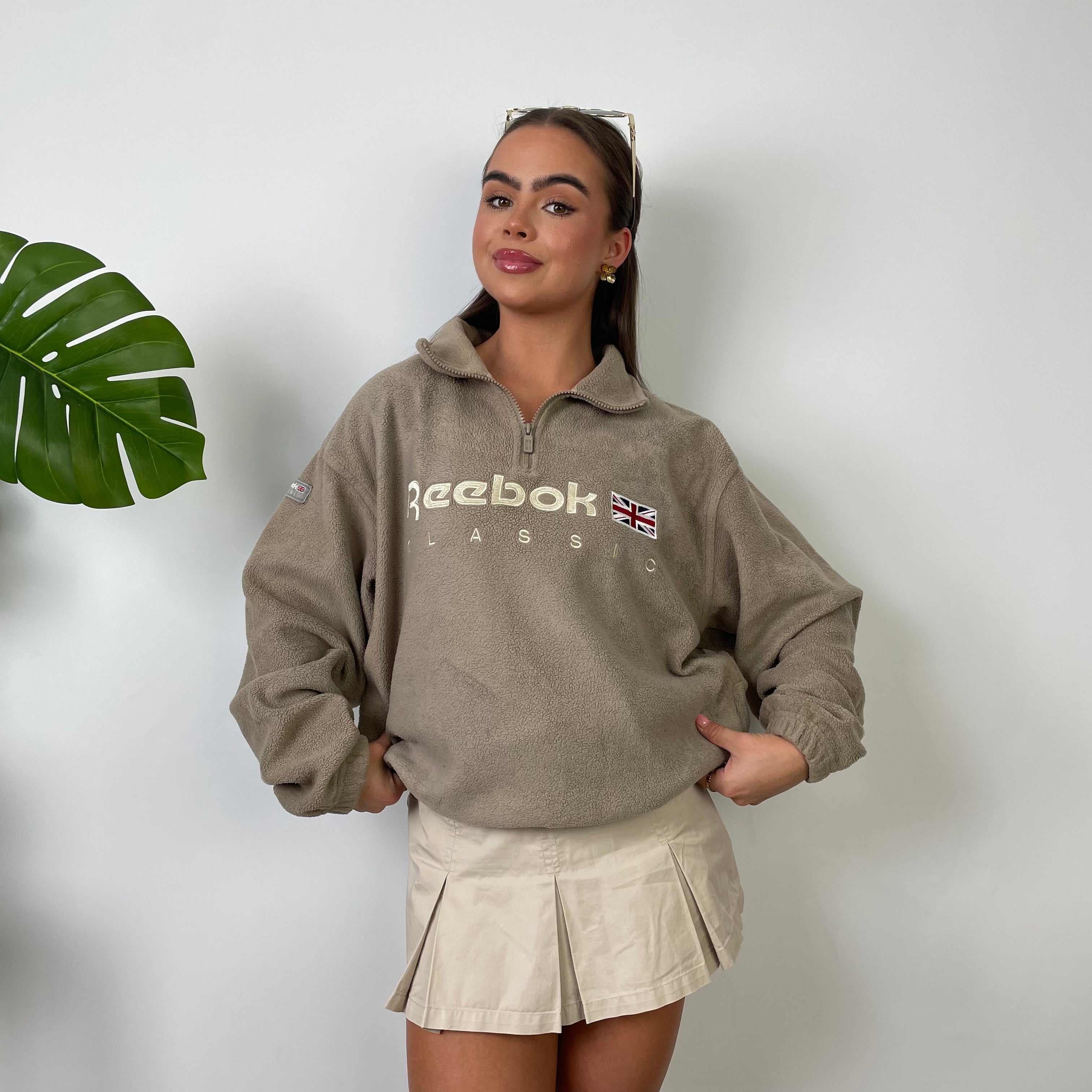 Reebok Cream Embroidered Spell Out Teddy Bear Fleece Quarter Zip Sweatshirt (M)