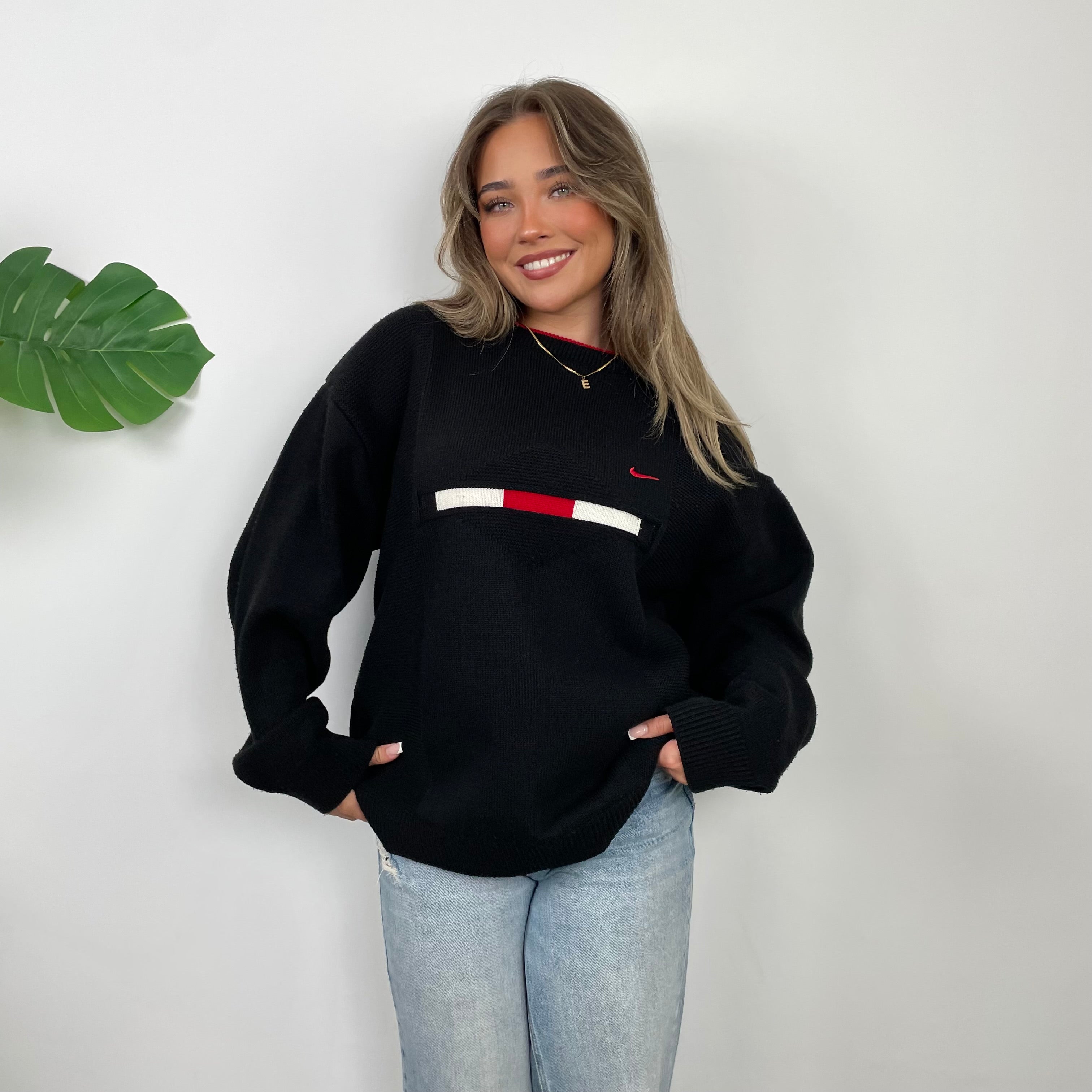 Nike RARE Black Embroidered Swoosh Knitted Sweater (L)