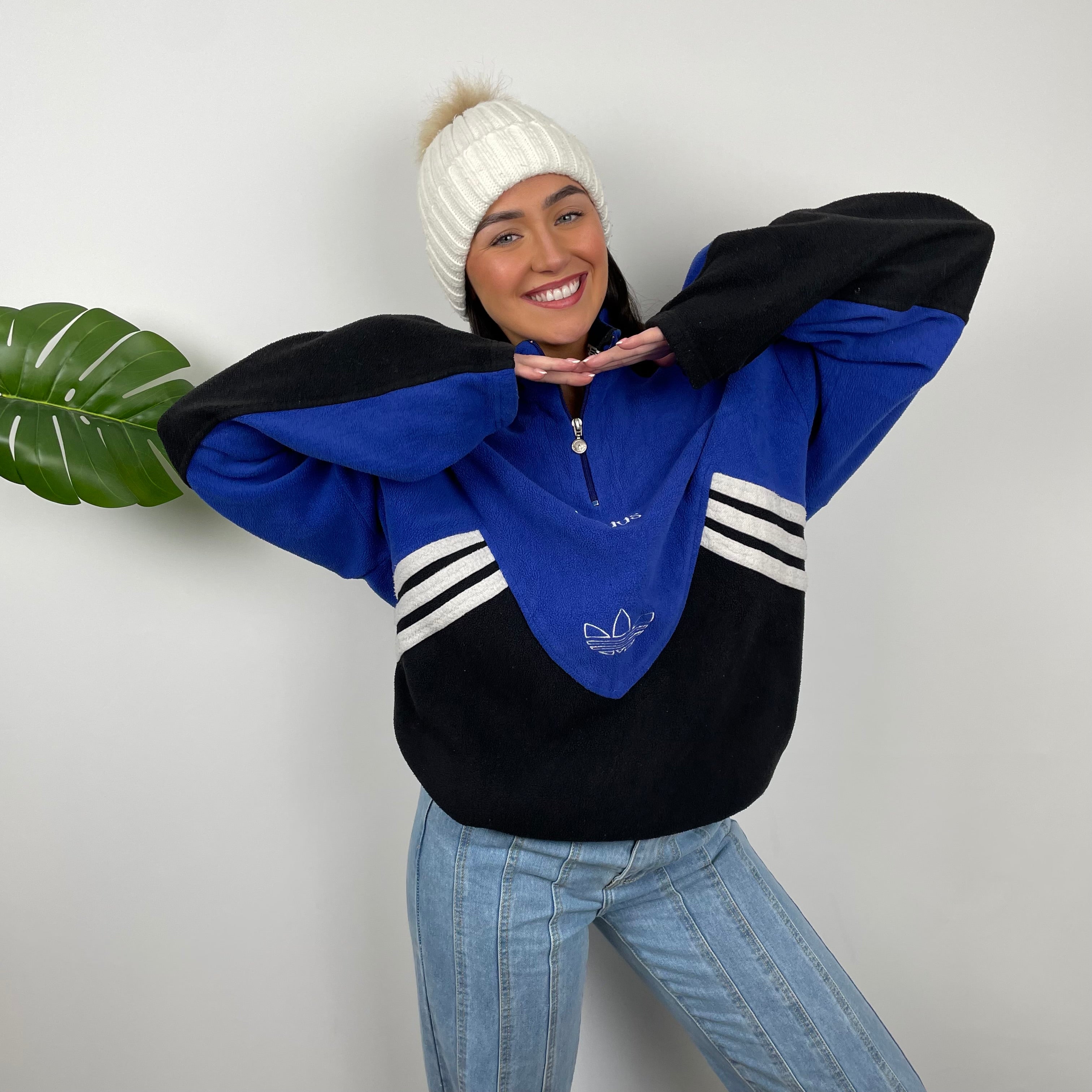 Adidas Blue Colour Block Embroidered Spell Out Teddy Bear Fleece Quarter Zip Sweatshirt (M)