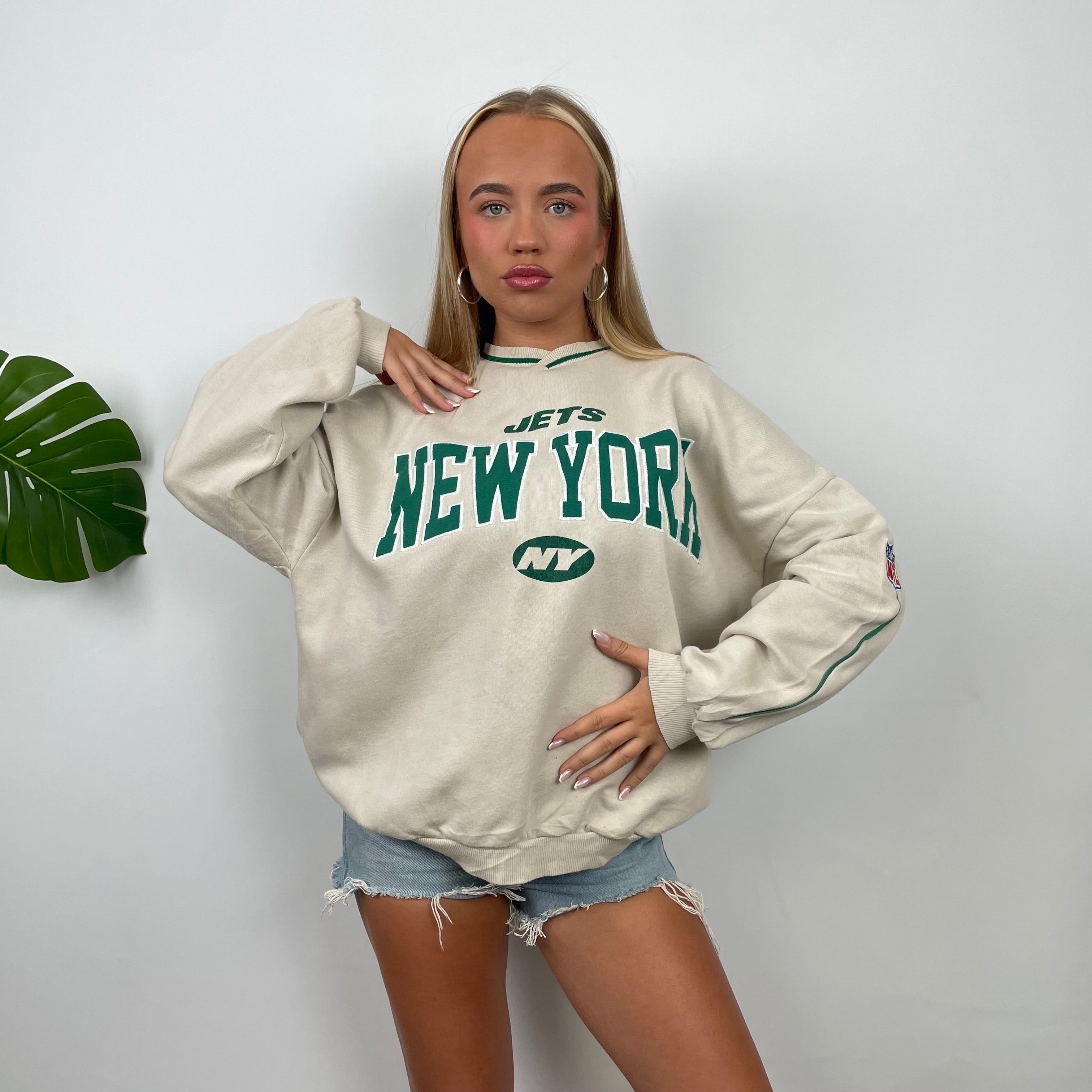 New York Jets Cream Embroidered Spell Out Sweatshirt (S)