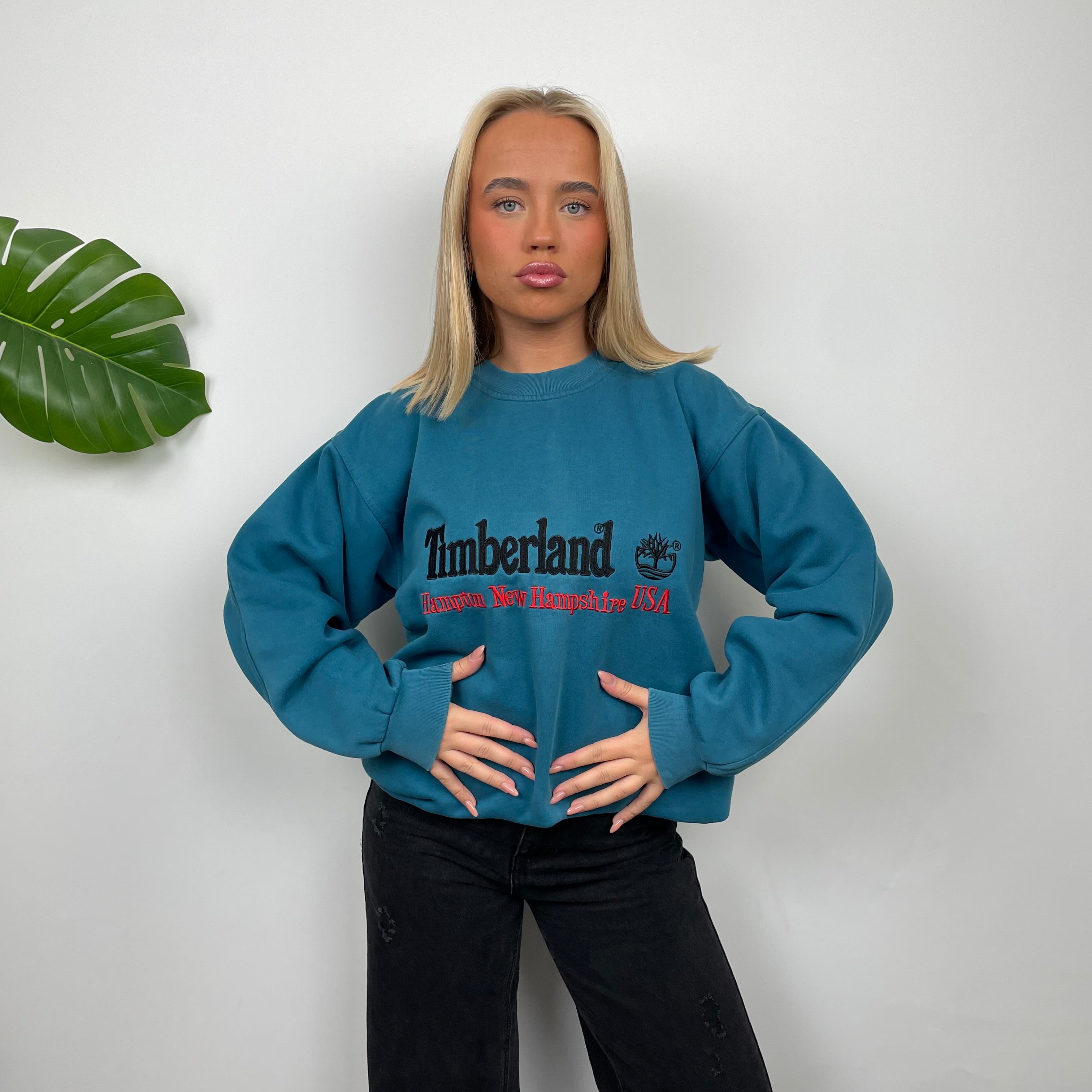 Timberland RARE Turquoise Blue Embroidered Spell Out Sweatshirt (L)