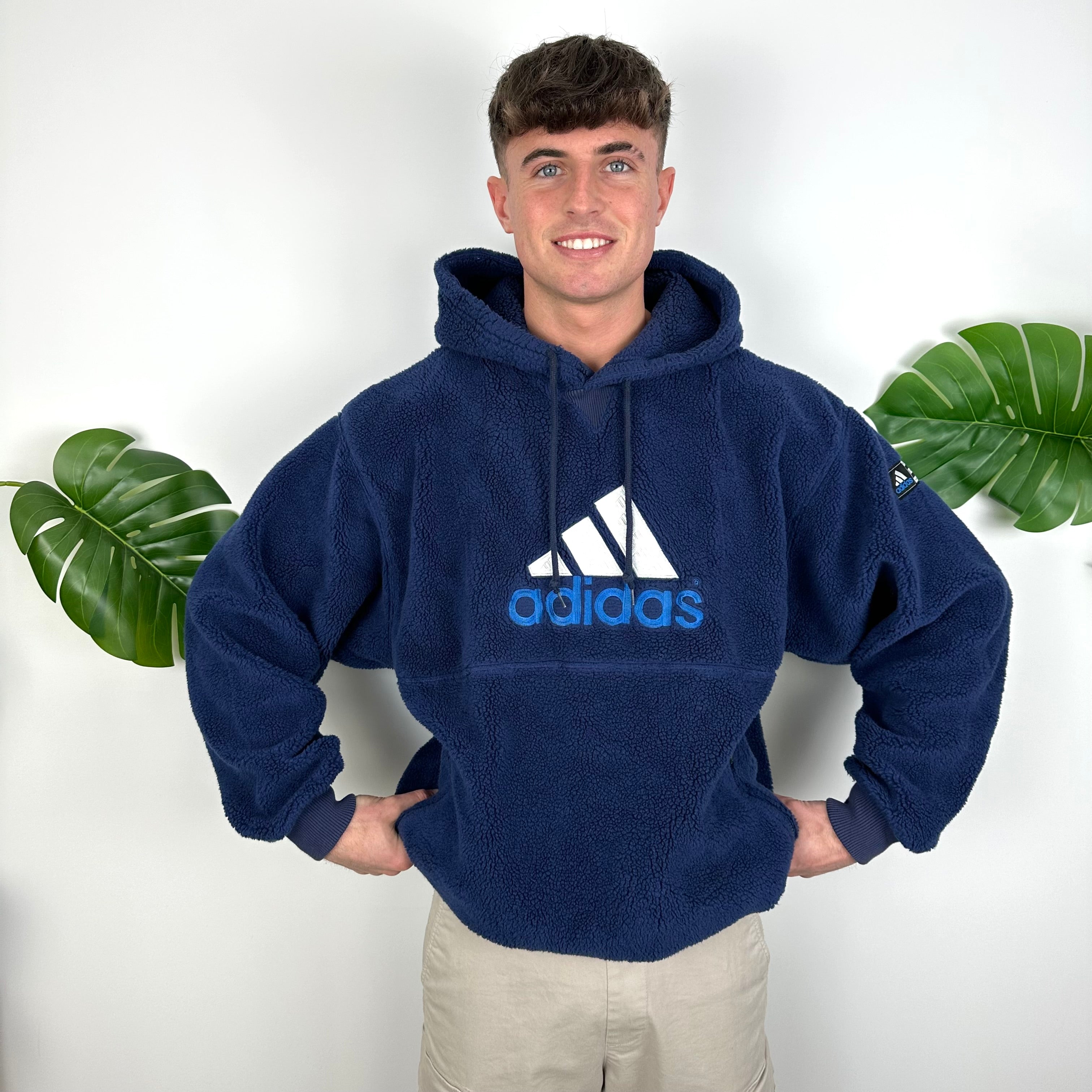 Adidas RARE Navy Embroidered Spell Out Teddy Bear Sherpa Fleece Hoodie (L)