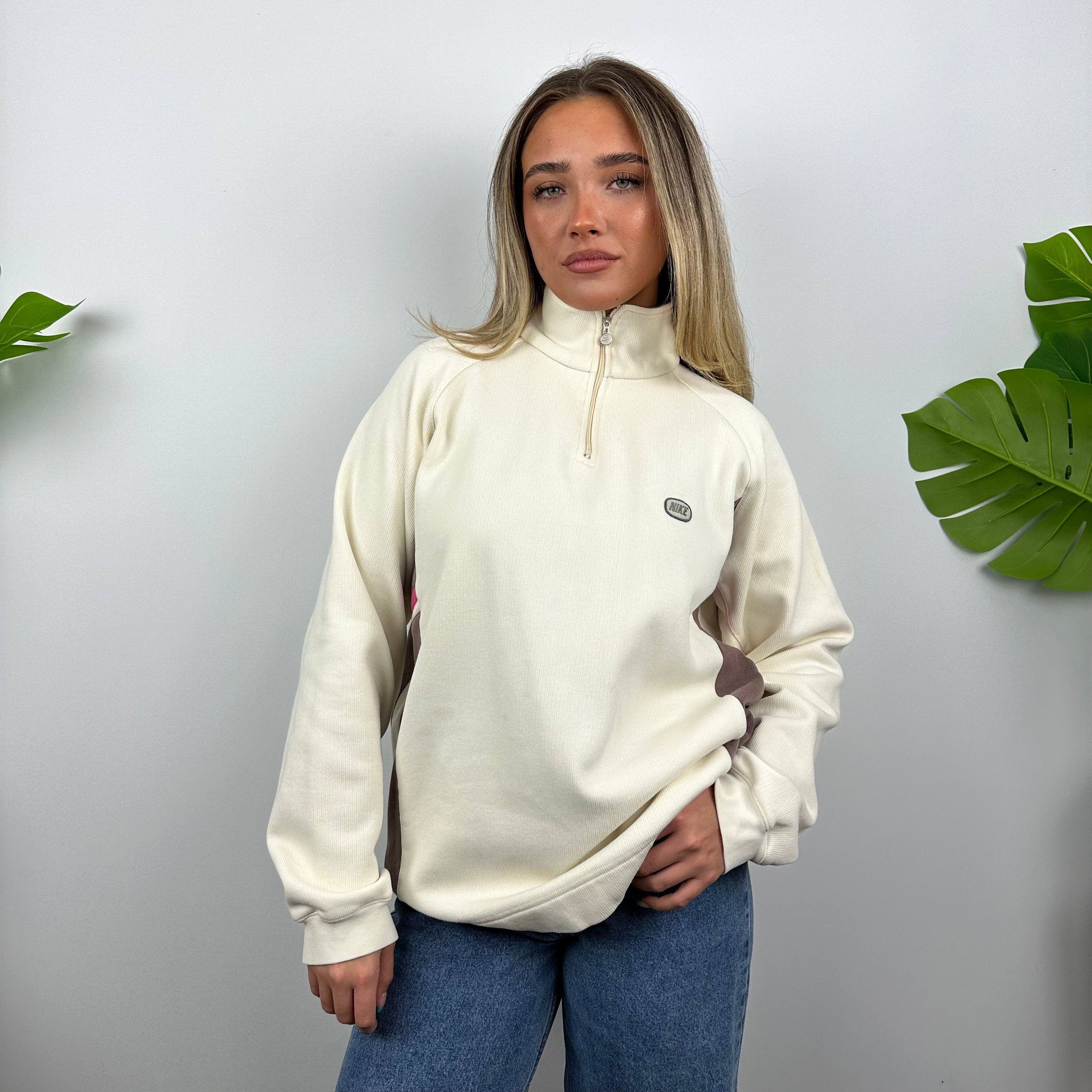 Nike Cream Embroidered Spell Out Quarter Zip Sweatshirt (M)