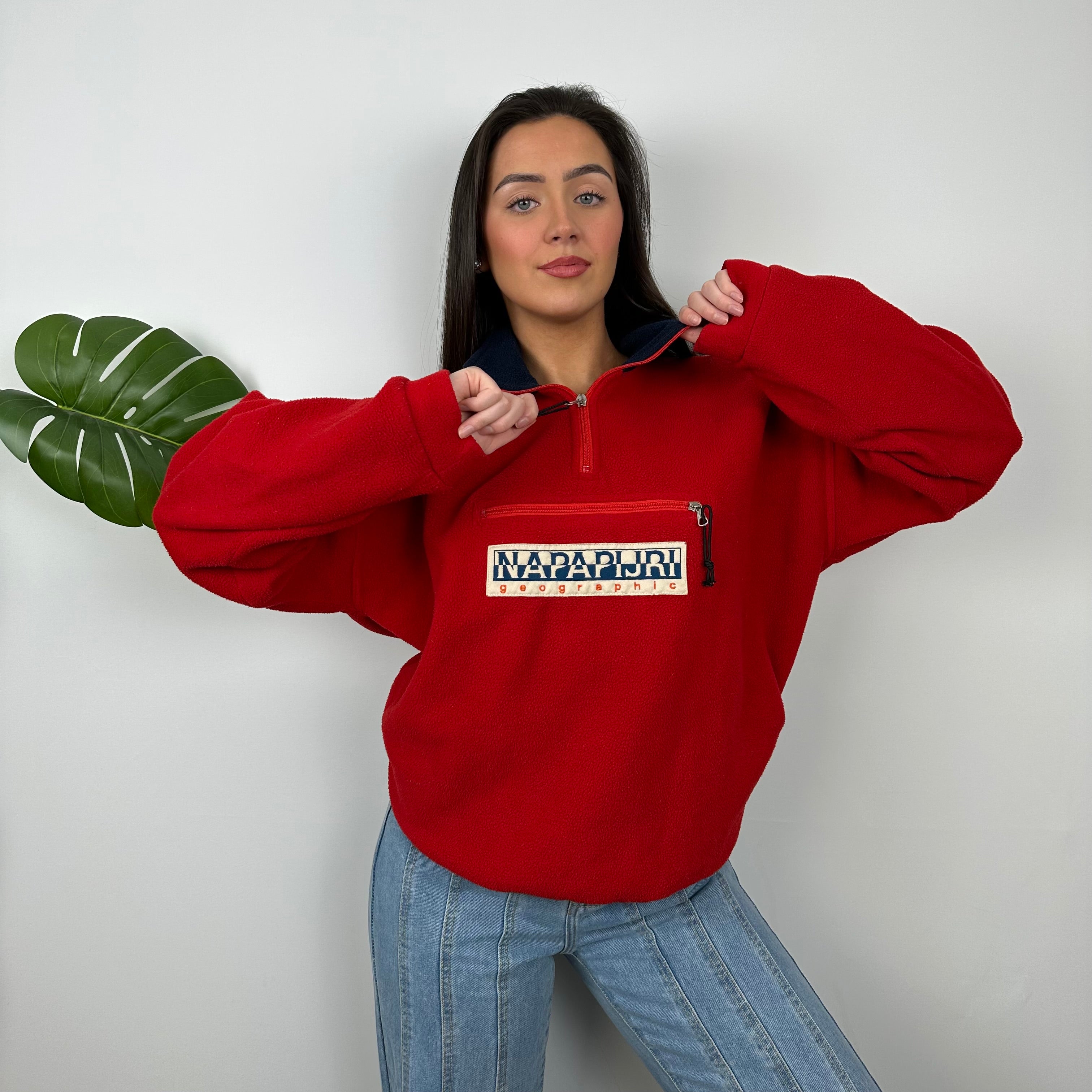 Napapijri Red Embroidered Spell Out Teddy Bear Fleece Quarter Zip (M)