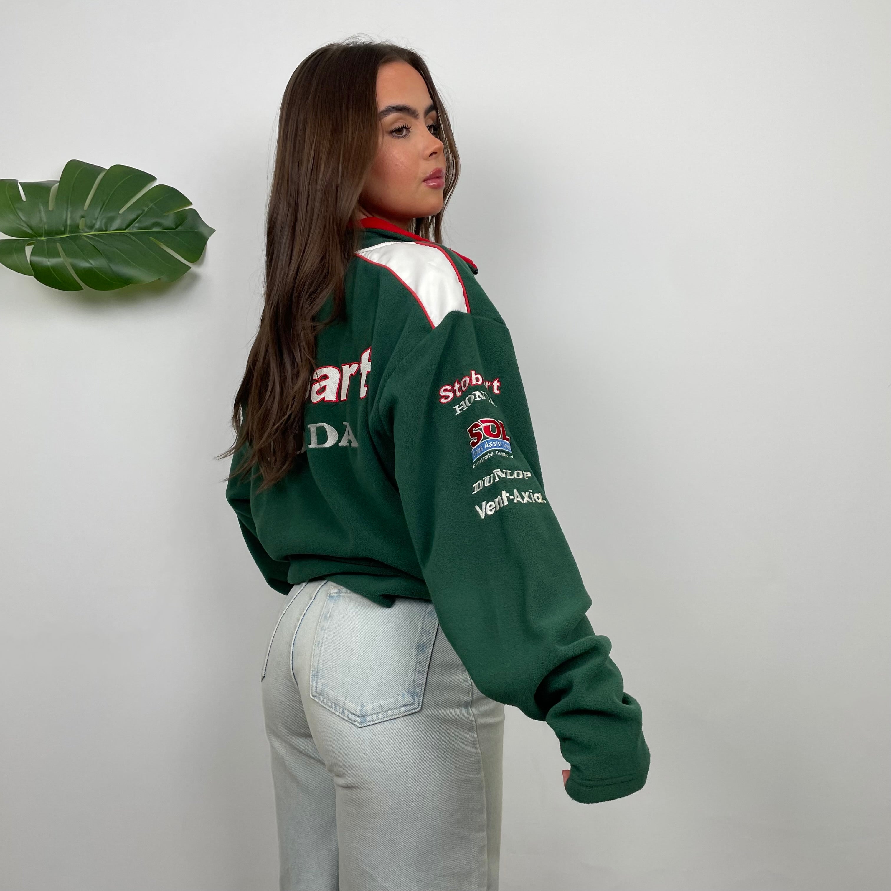 Honda Racing Green Embroidered Spell Out Zip Up Teddy Bear Fleece Jacket (L)