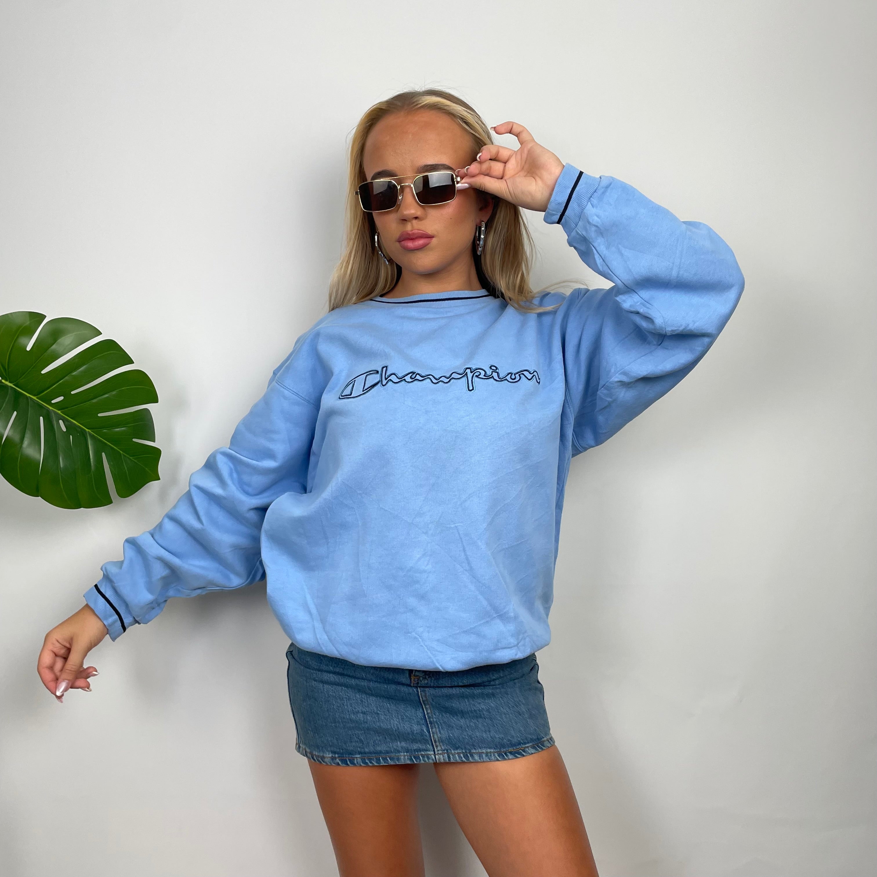 Champion Baby Blue Embroidered Spell Out Sweatshirt (M)