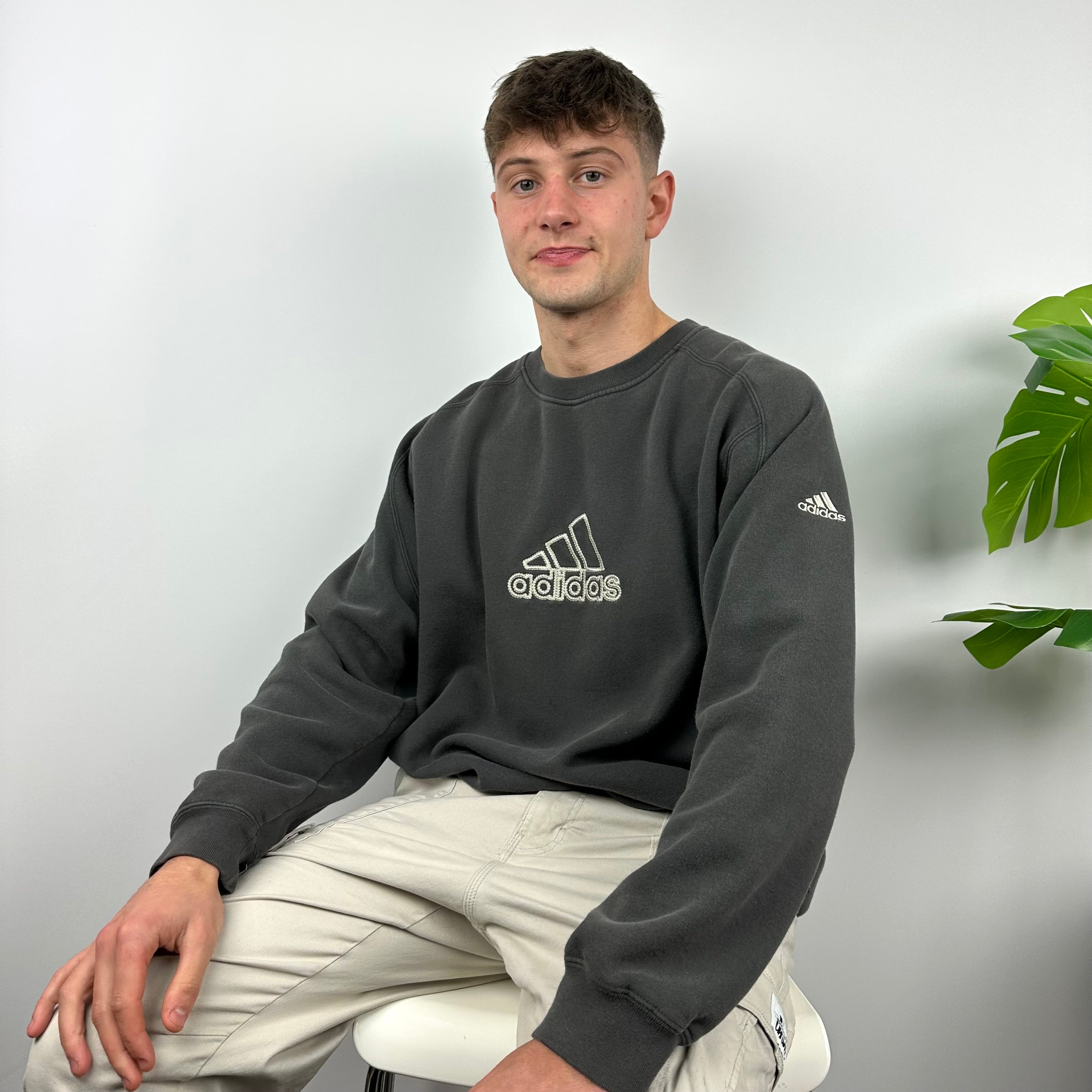 Adidas Grey Embroidered Spell Out Sweatshirt (XL)