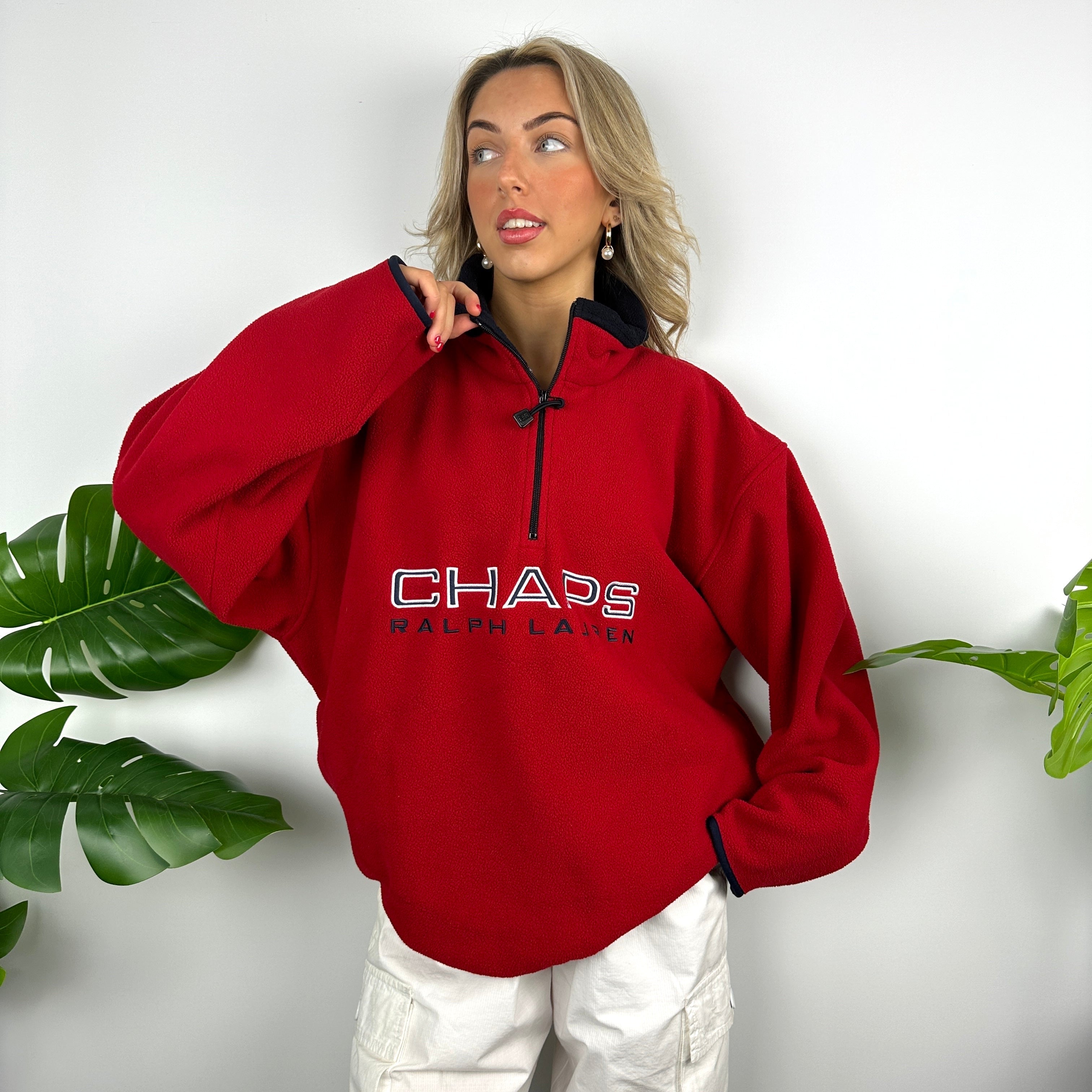 Chaps Ralph Lauren Red Embroidered Spell Out Teddy Bear Fleece Quarter Zip Sweatshirt (L)