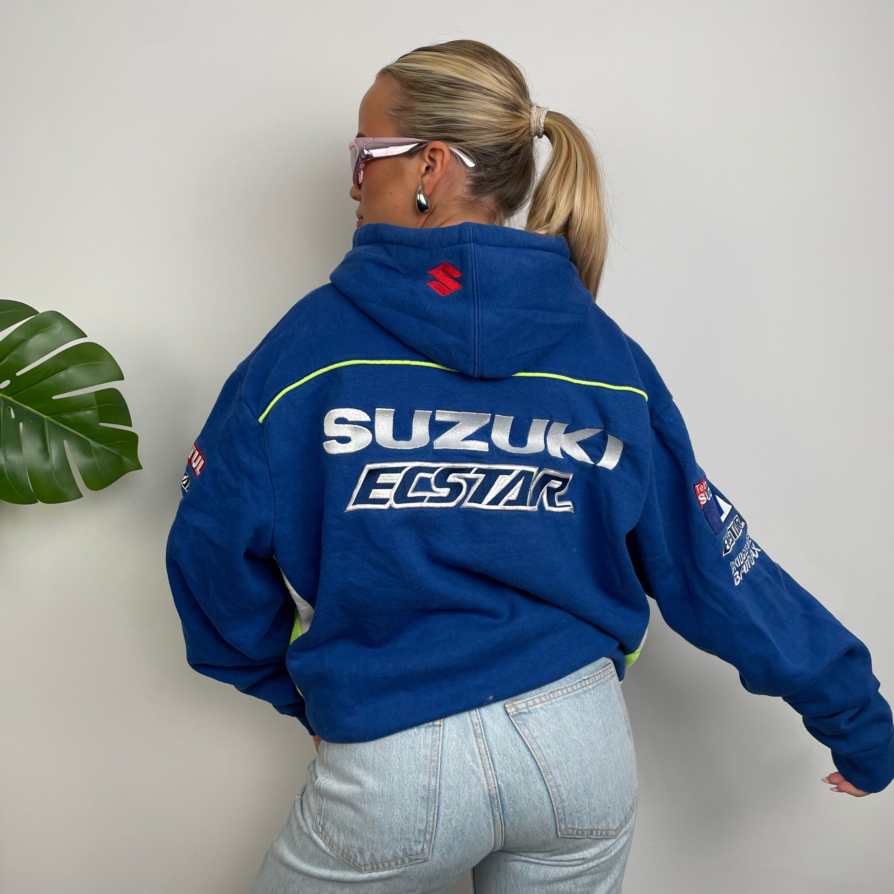 Suzuki Racing Blue Embroidered Spell Out Zip Up Fleece Jacket (XXL)