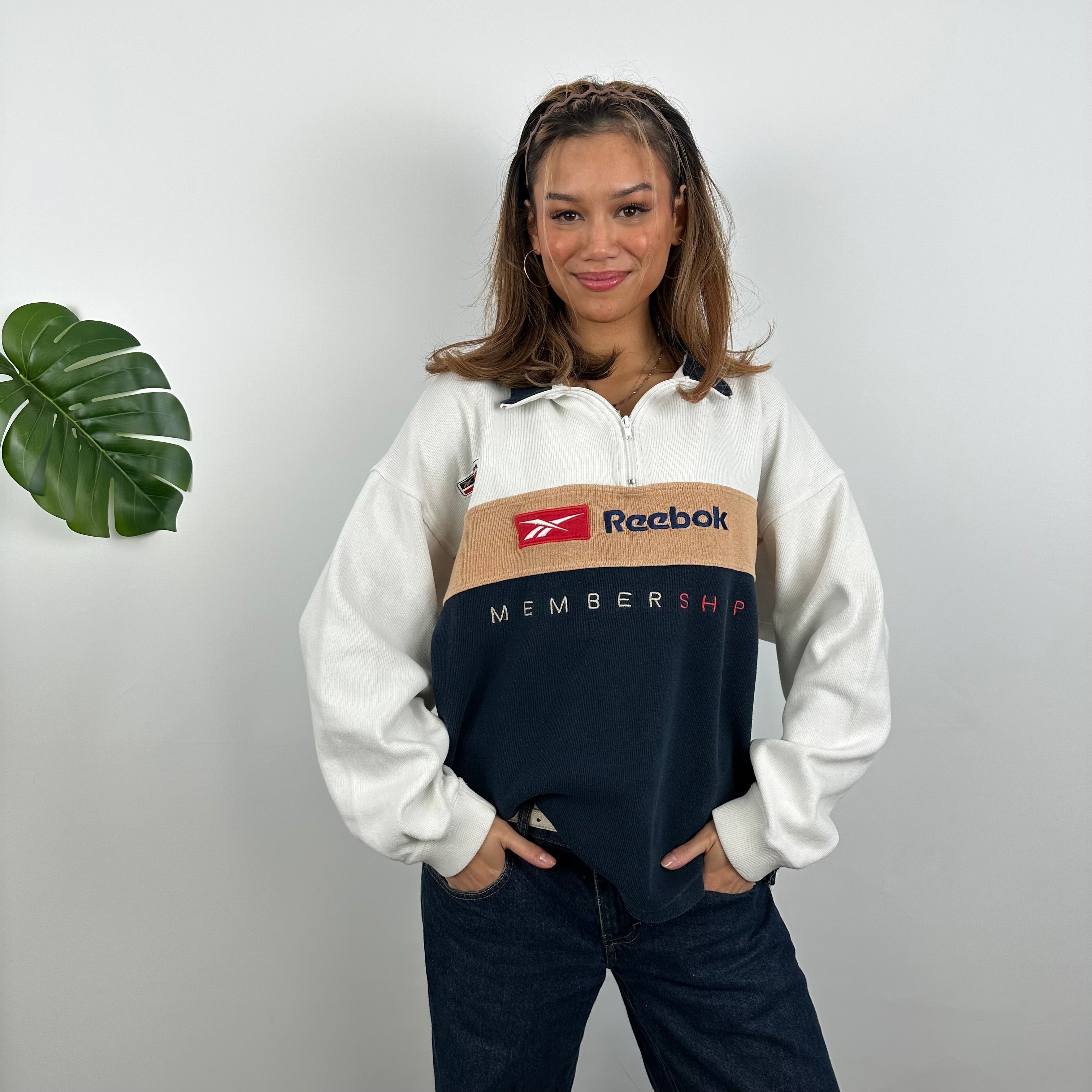 Reebok Membership RARE Navy and Cream Embroidered Spell Out Quarter Zip Sweatshirt (M)