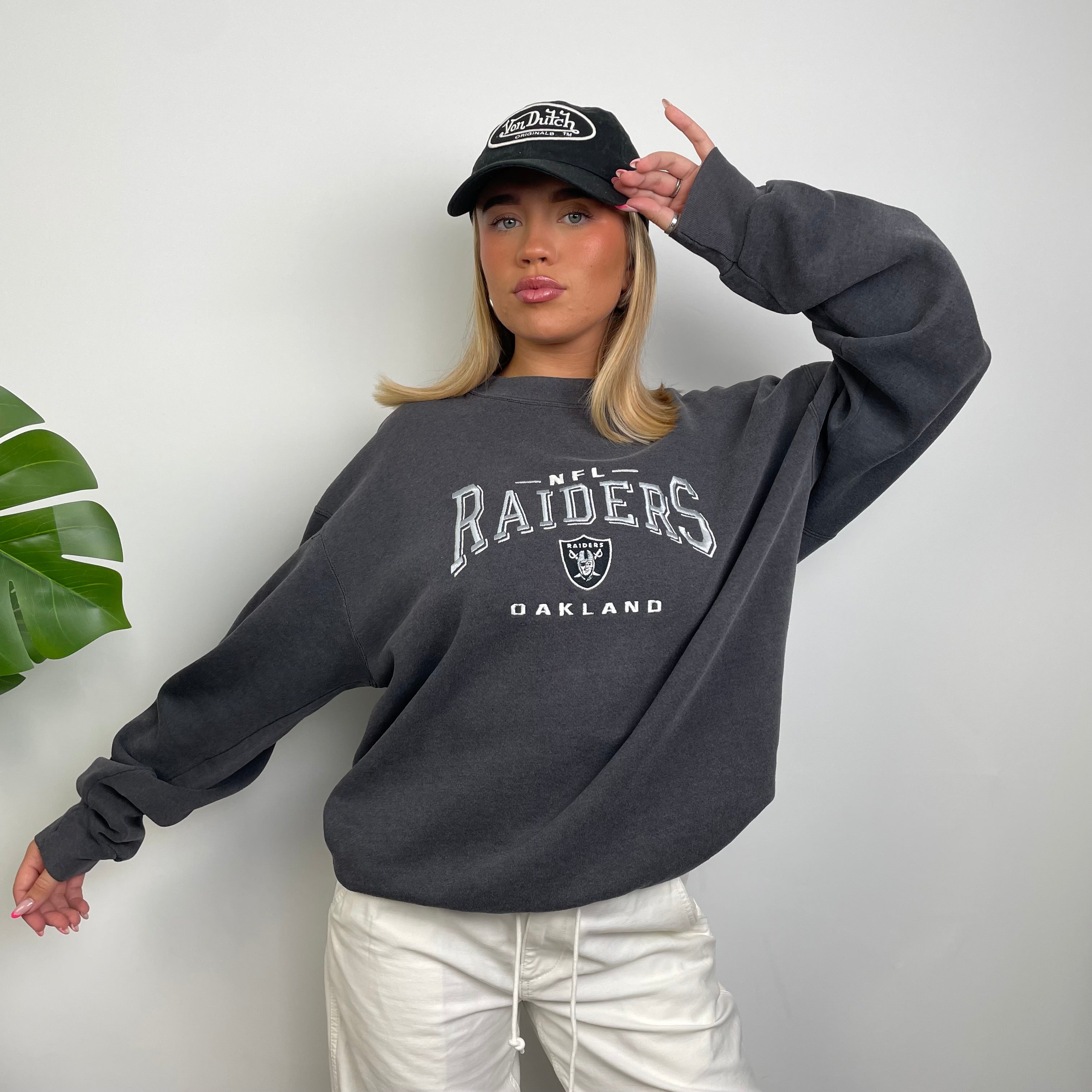 NFL Las Vegas Raiders Grey Embroidered Spell Out Sweatshirt (L)