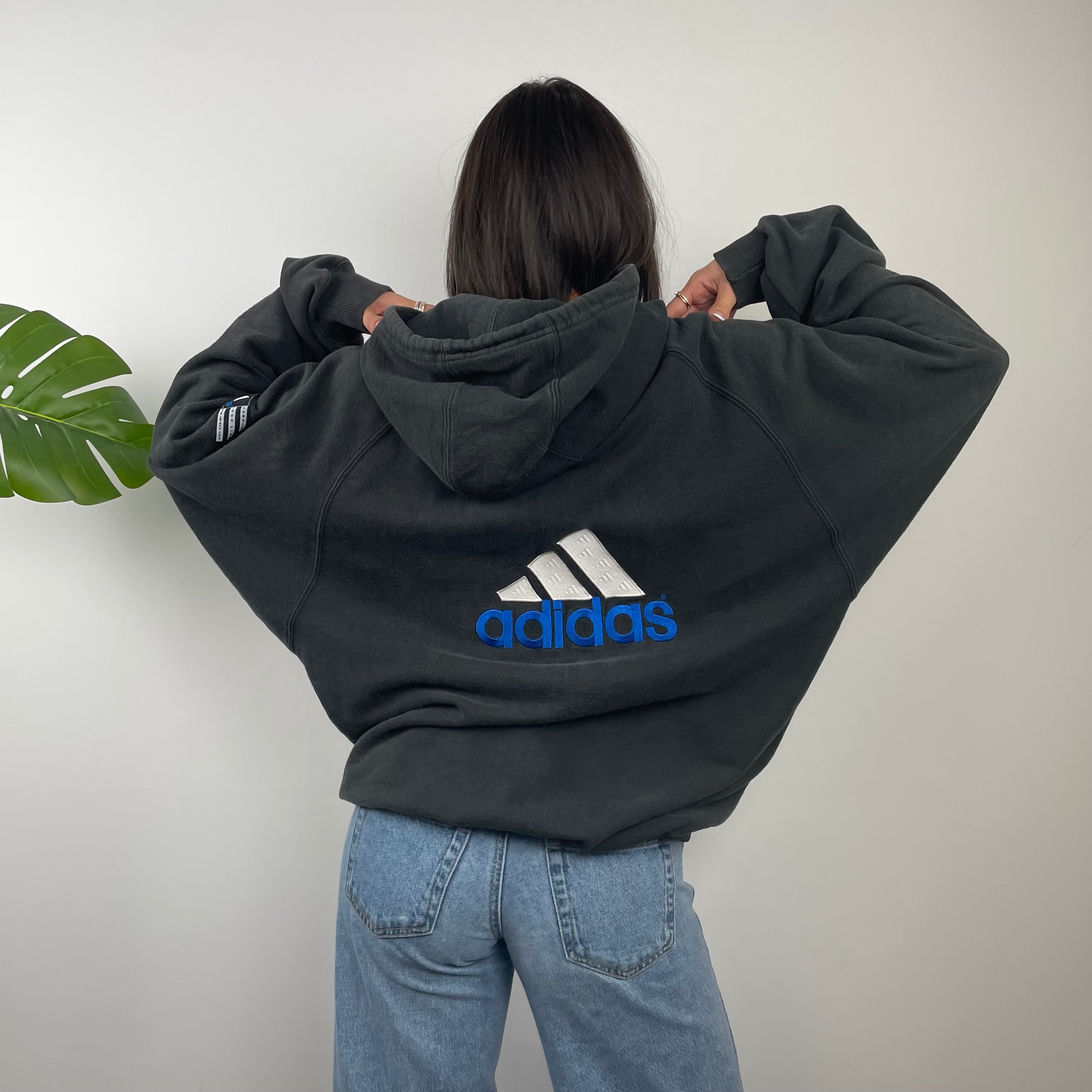 Adidas Black Embroidered Spell Out Zip Up Hoodie Jacket (XL)