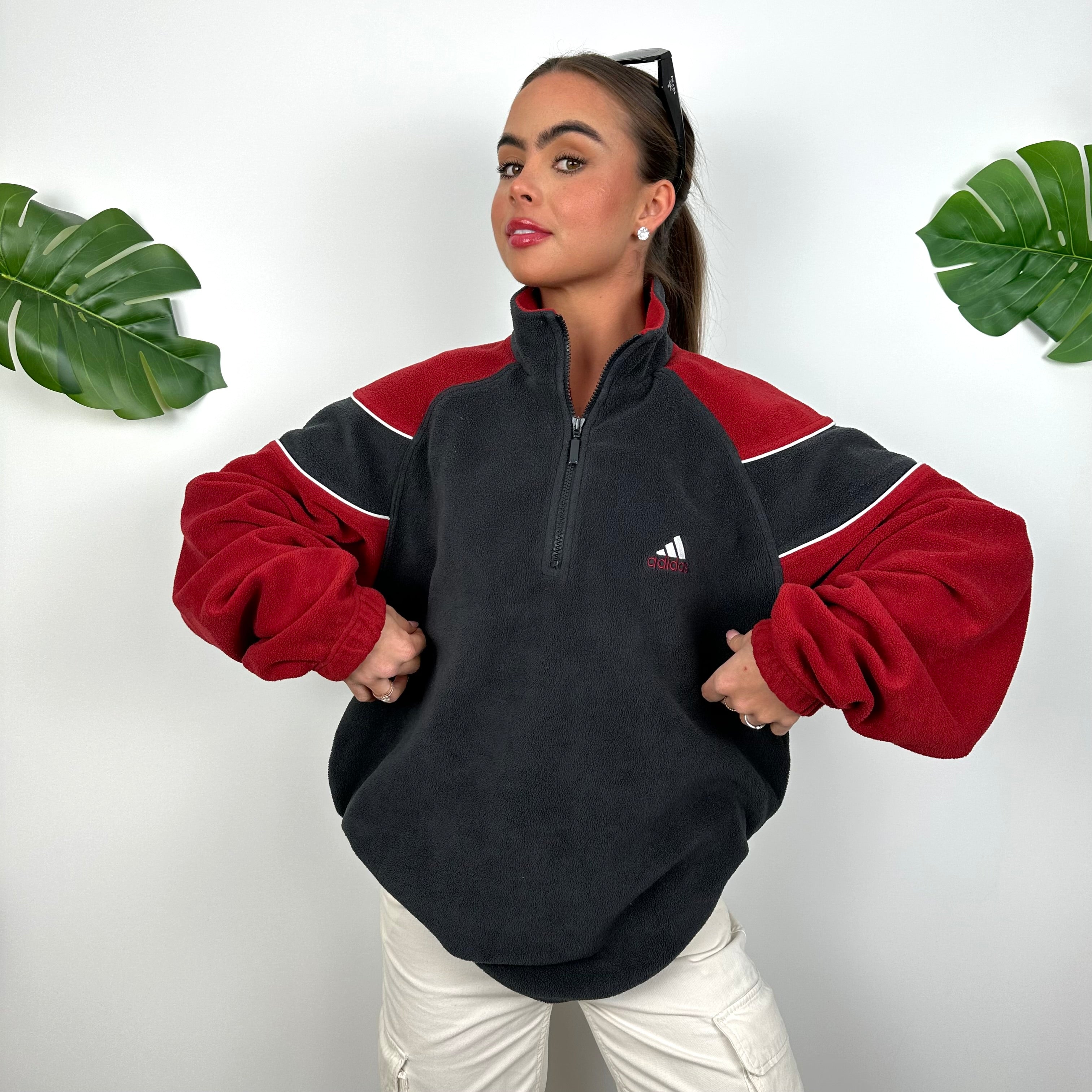 Adidas Black Embroidered Spell Out Teddy Bear Fleece Quarter Zip Sweatshirt (L)