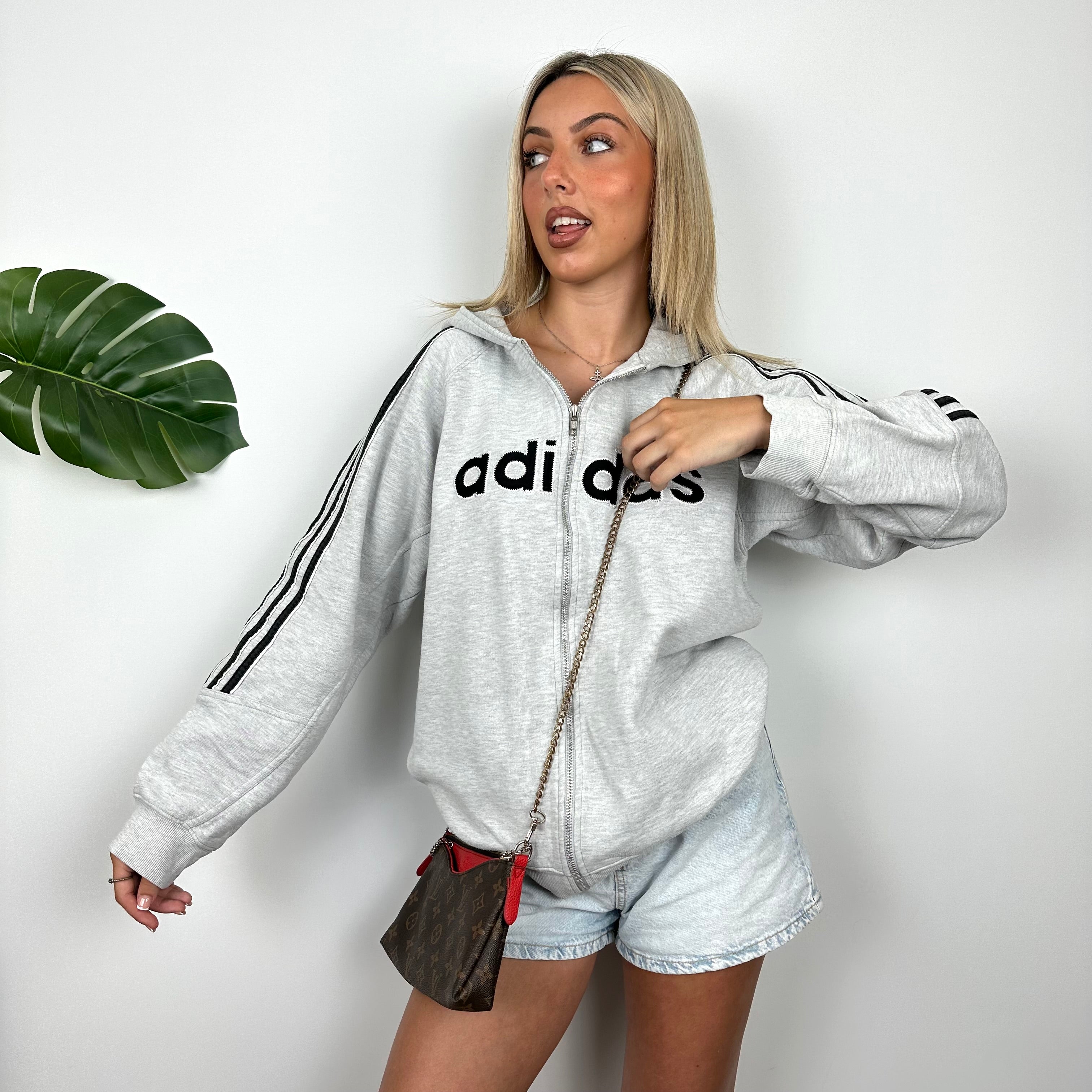 Adidas Grey Embroidered Spell Out Zip Up Hoodie Jacket (M)