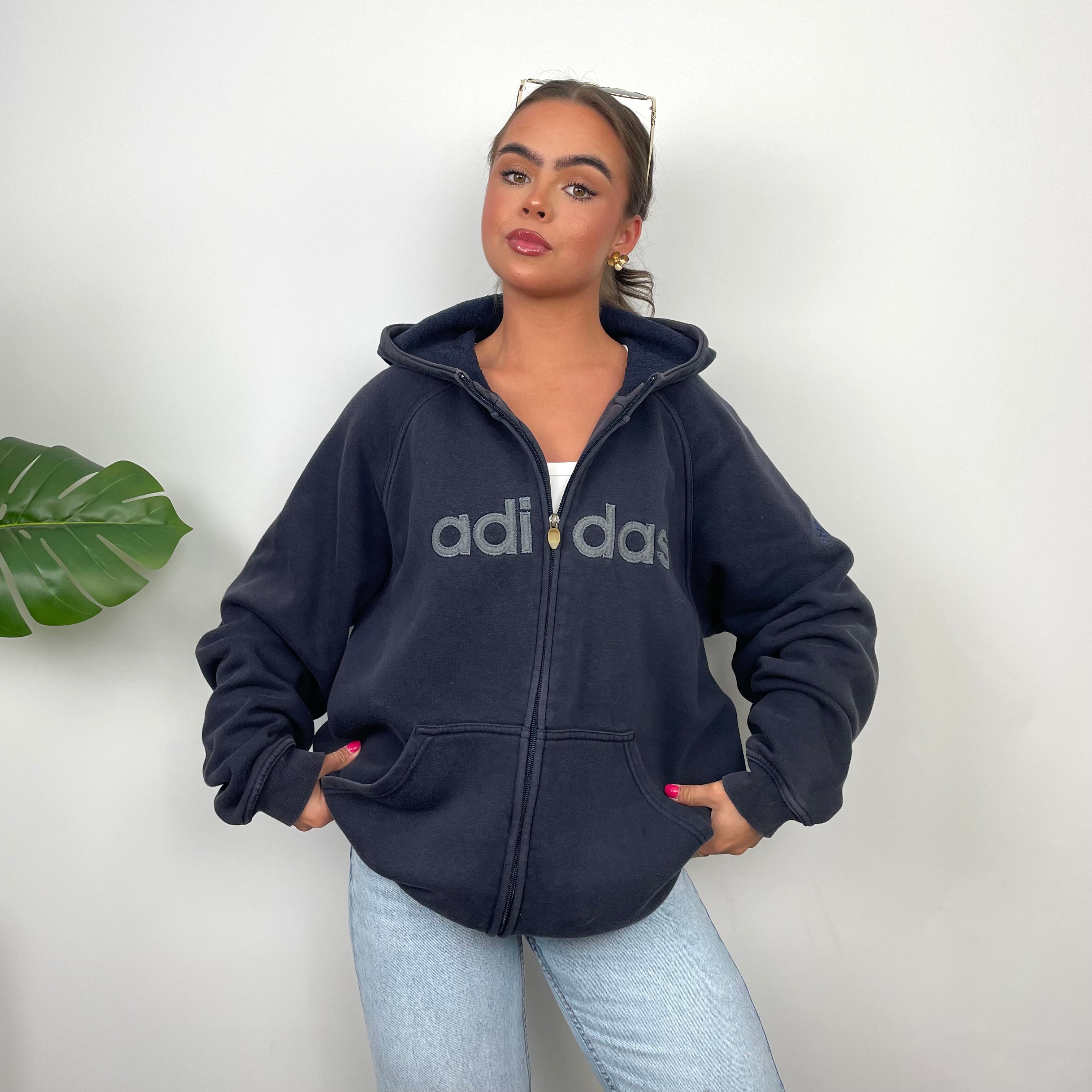 Adidas Navy Embroidered Spell Out Zip Up Hoodie Jacket (M)