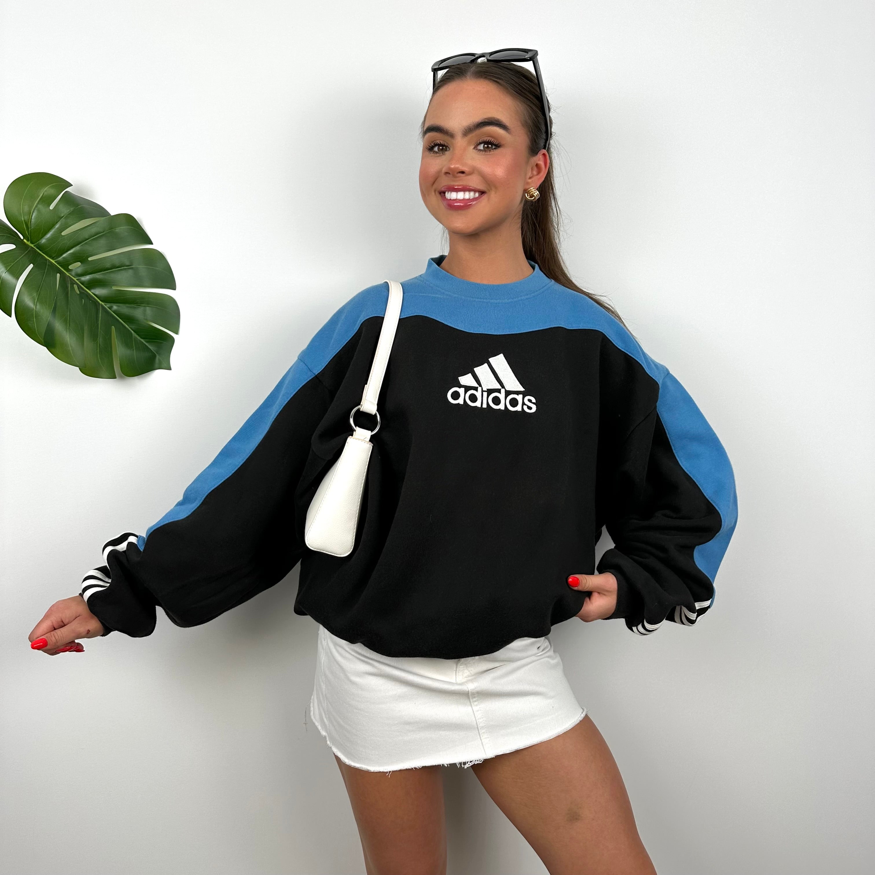 Adidas Black and Baby Blue Embroidered Spell Out Sweatshirt (M)