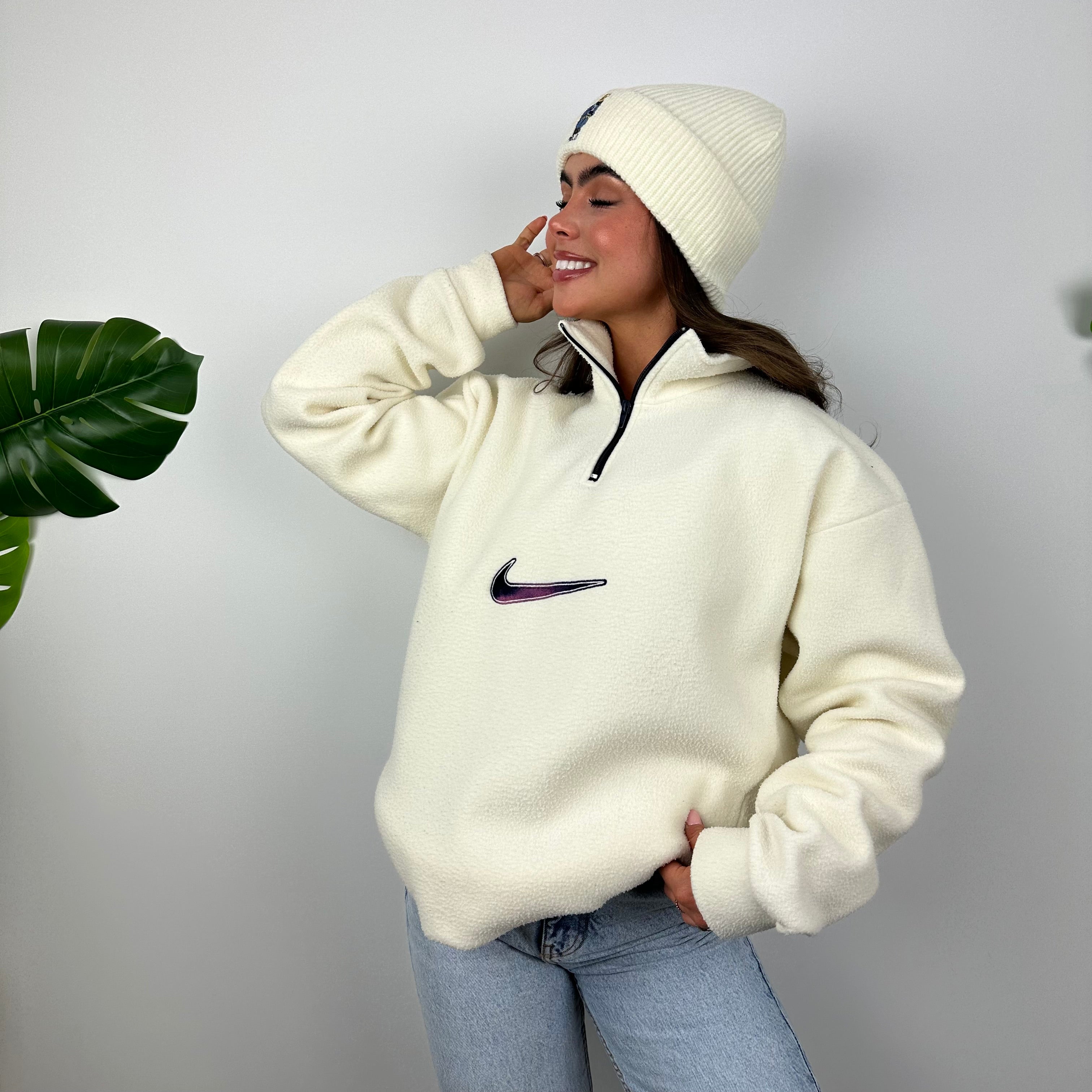 Nike Cream Embroidered Swoosh Teddy Bear Fleece Quarter Zip Sweatshirt (L)