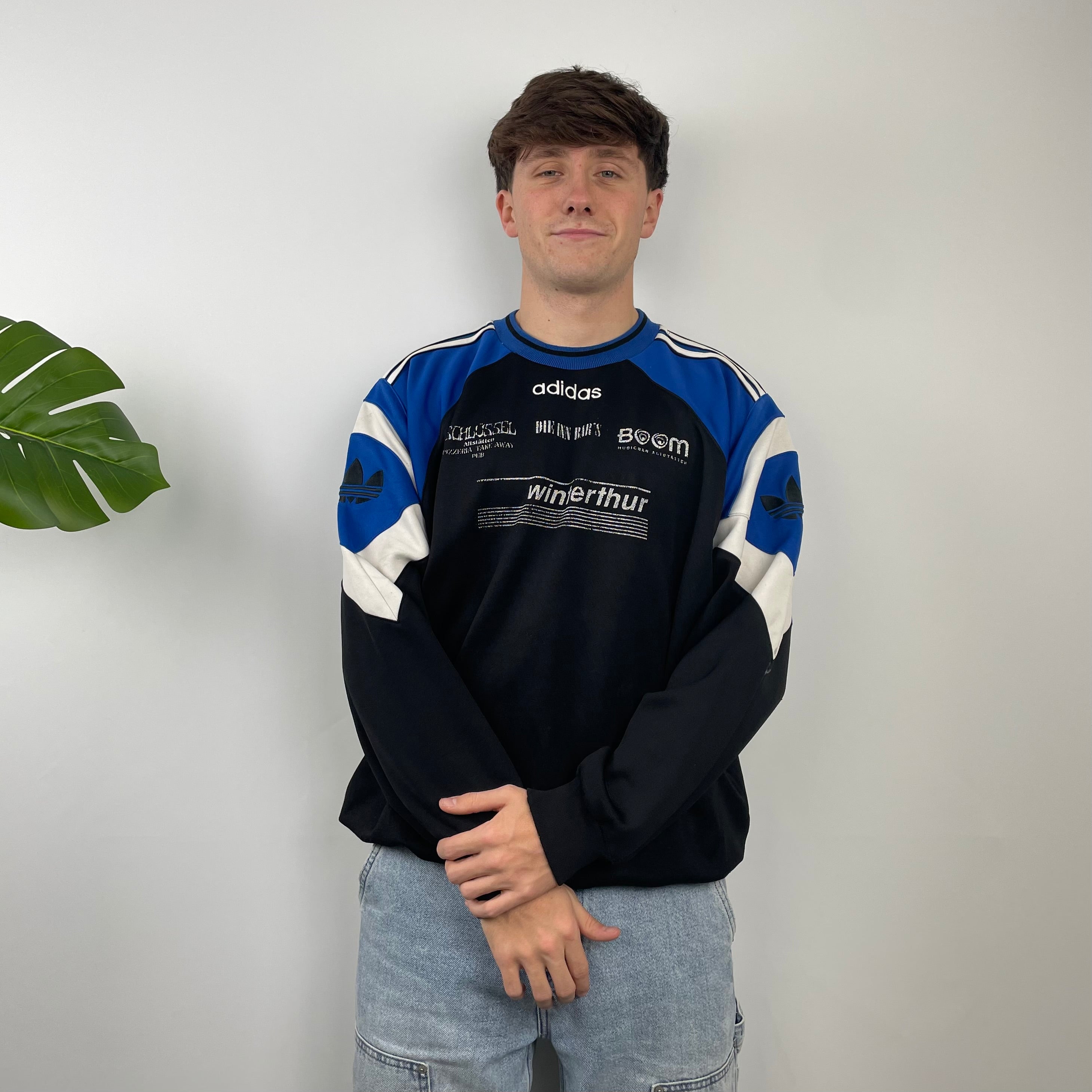 Adidas Black & Blue Embroidered Spell Out Colour Block Sweatshirt