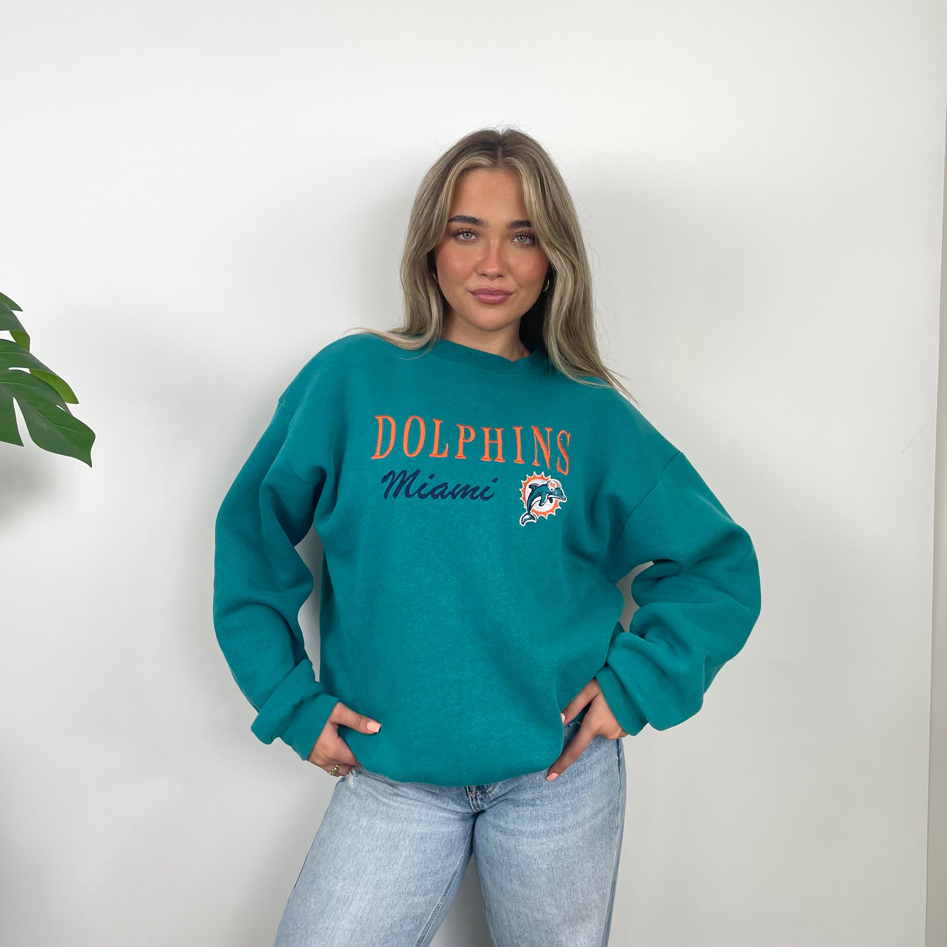 NFL Miami Dolphins Turquoise Embroidered Spell Out Sweatshirt (L)