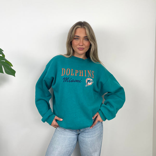 NFL Miami Dolphins Turquoise Embroidered Spell Out Sweatshirt (L)