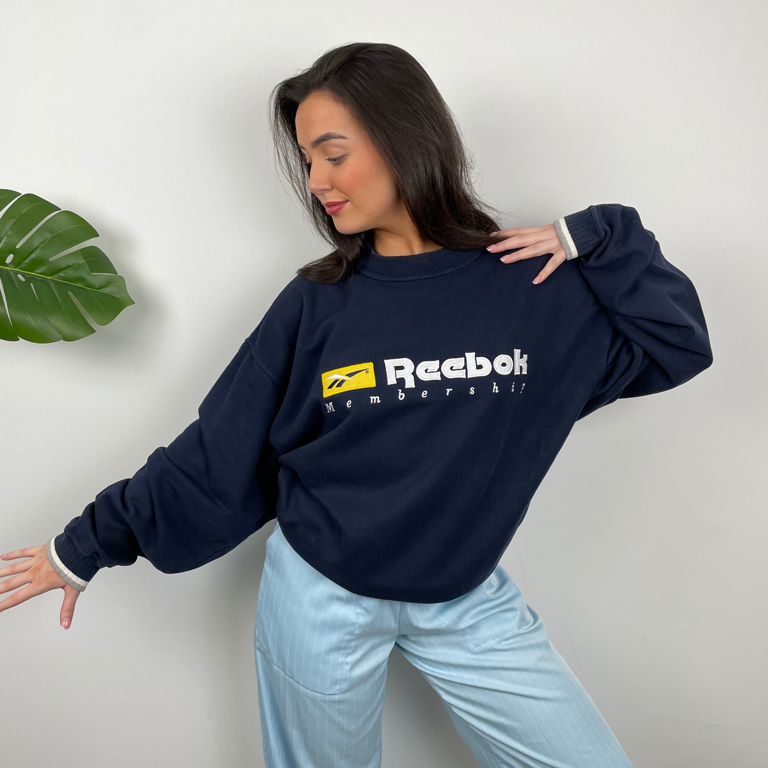 Reebok Membership RARE Navy Embroidered Spell Out Sweatshirt (XL)