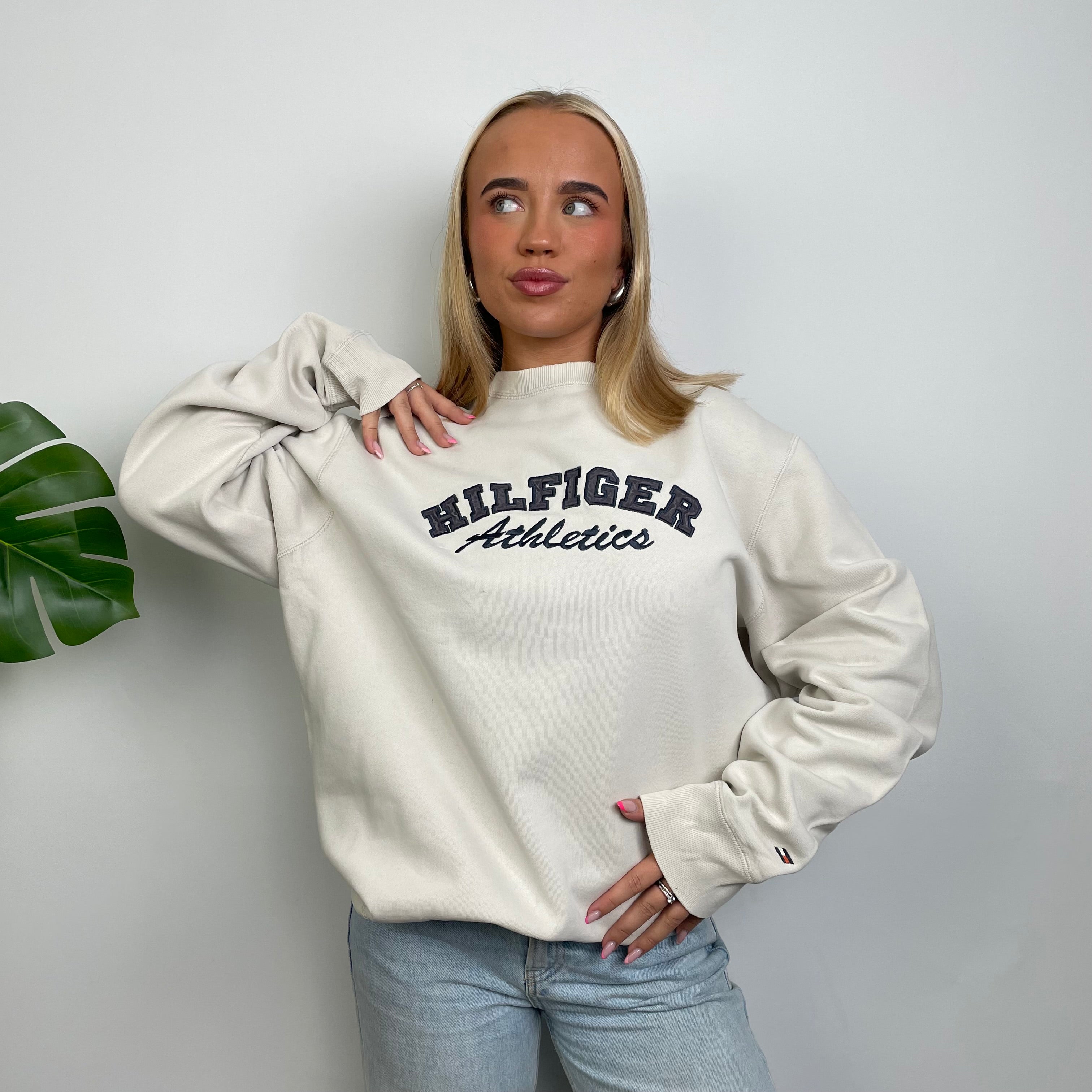 Tommy Hilfiger White Embroidered Spell Out Sweatshirt (L)