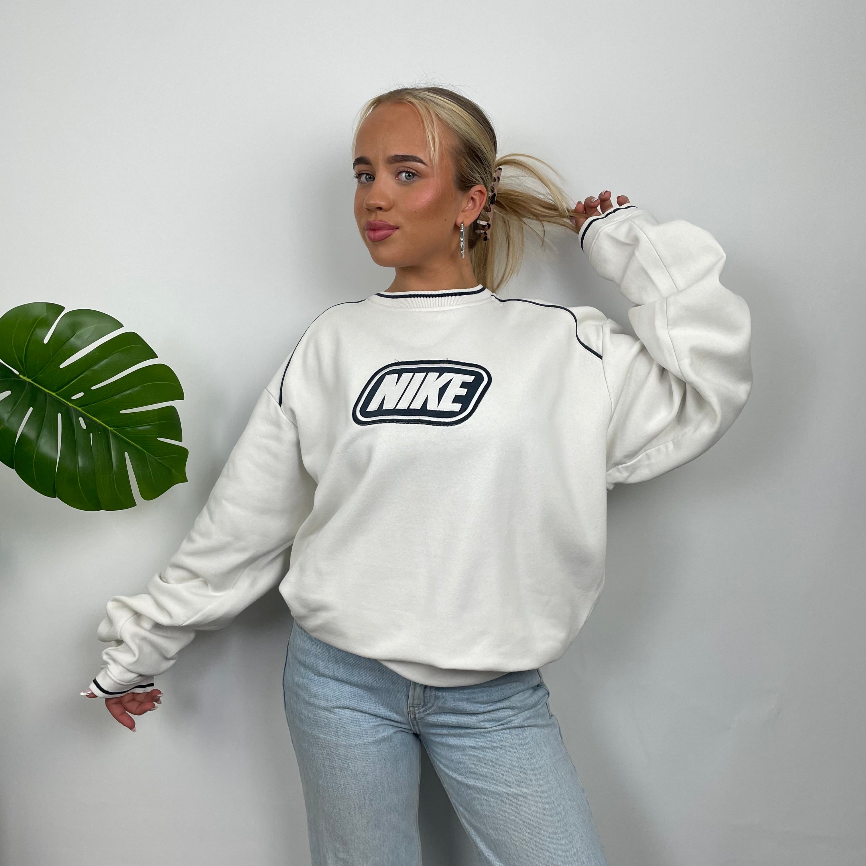 Nike RARE White Embroidered Spell Out Sweatshirt as worn by Molly Mae (XL)