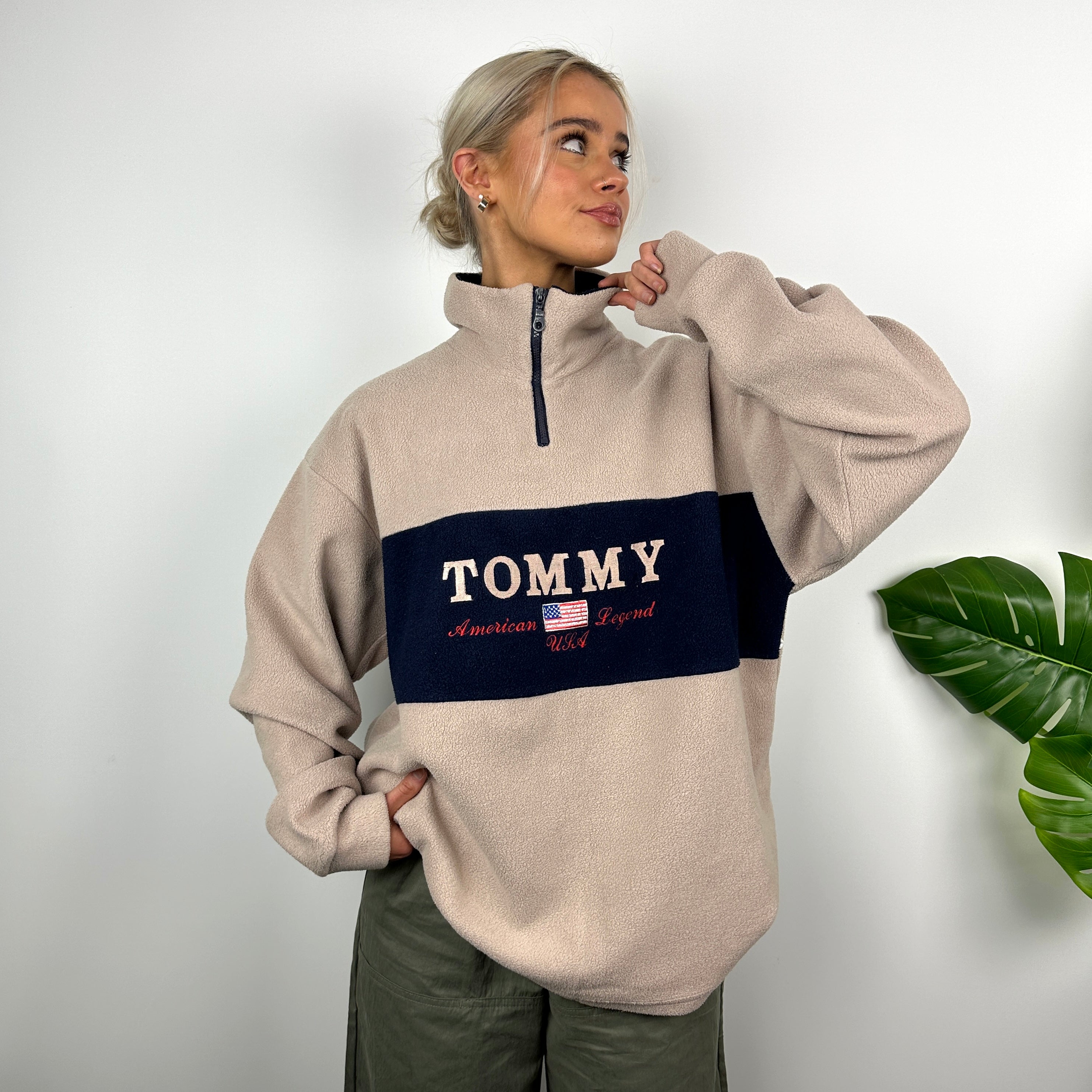 Tommy Hilfiger RARE Tan Brown Embroidered Spell Out Teddy Bear Fleece Quarter Zip Sweatshirt (L)