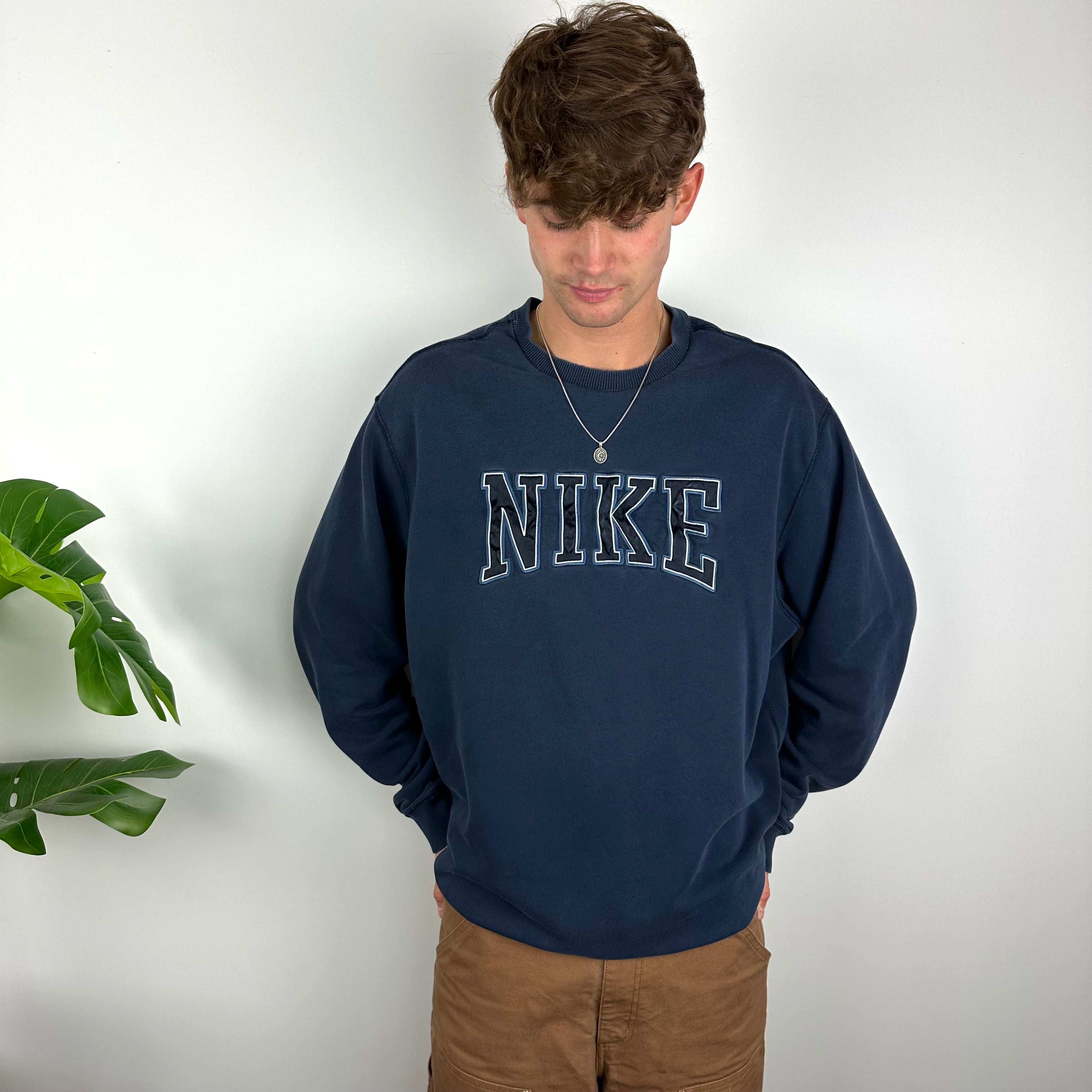 Nike RARE Navy Embroidered Spell Out Sweatshirt (XL)