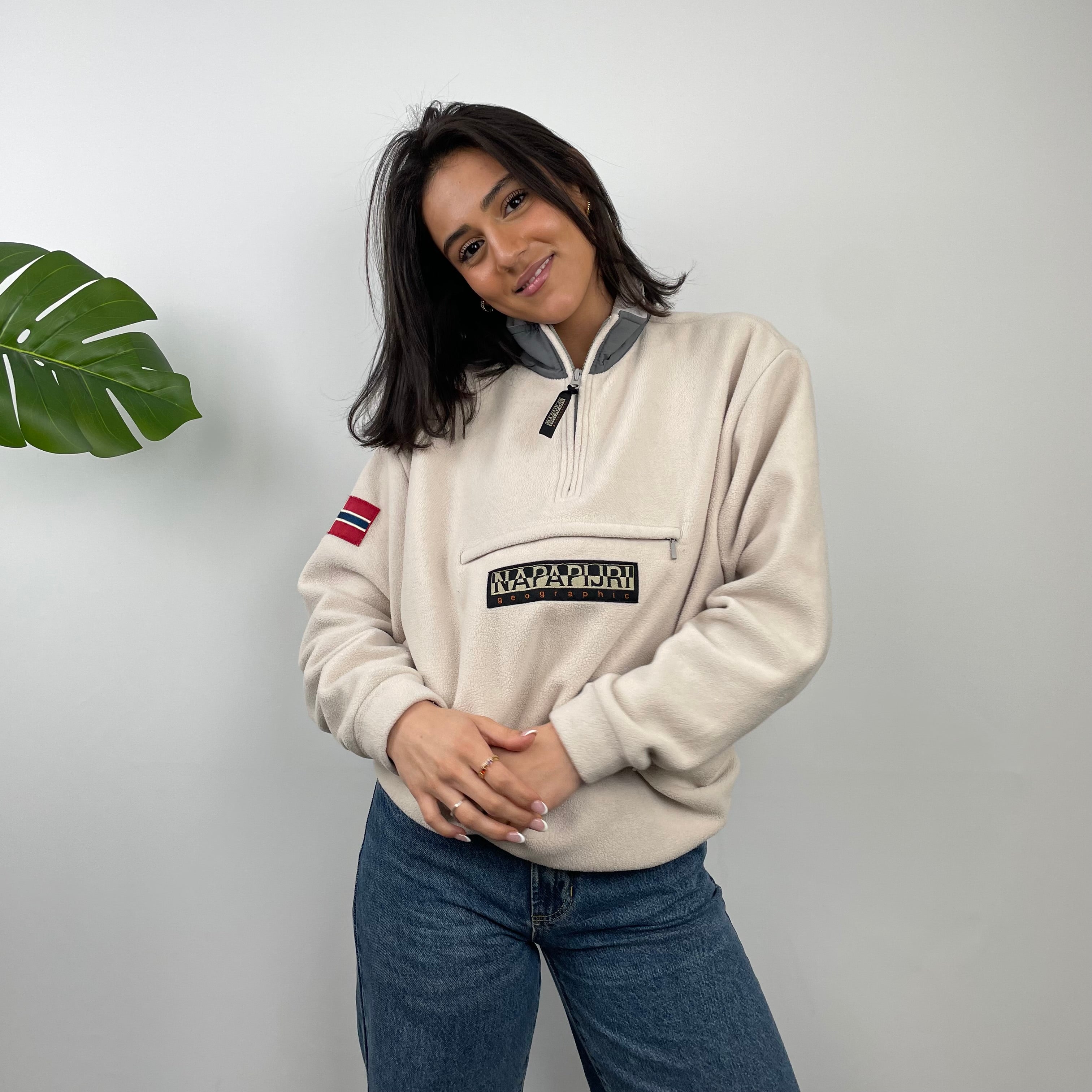 Napapijri Cream Embroidered Spell Out Teddy Bear Fleece Quarter Zip (M)