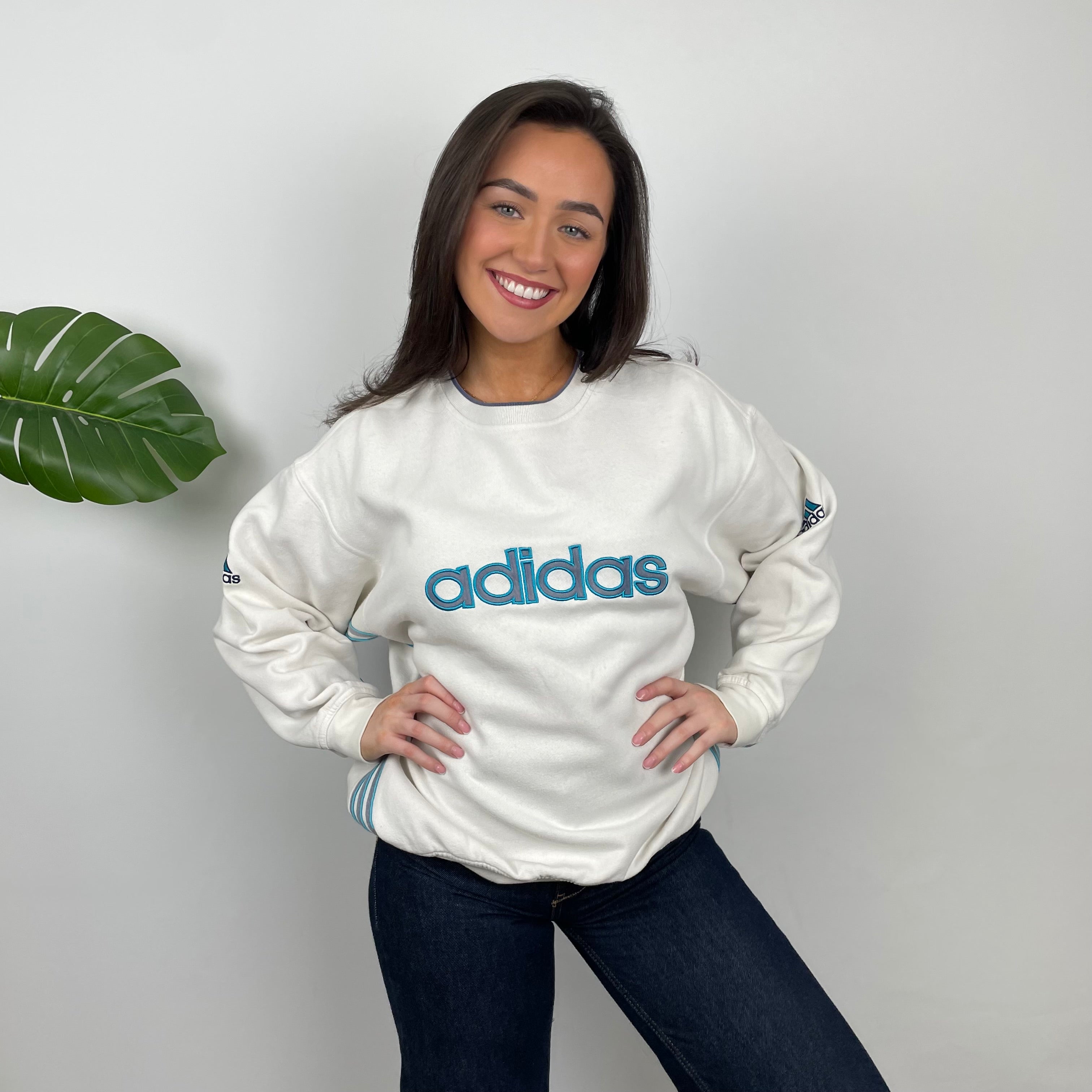 Adidas White Embroidered Spell Out Sweatshirt (M)